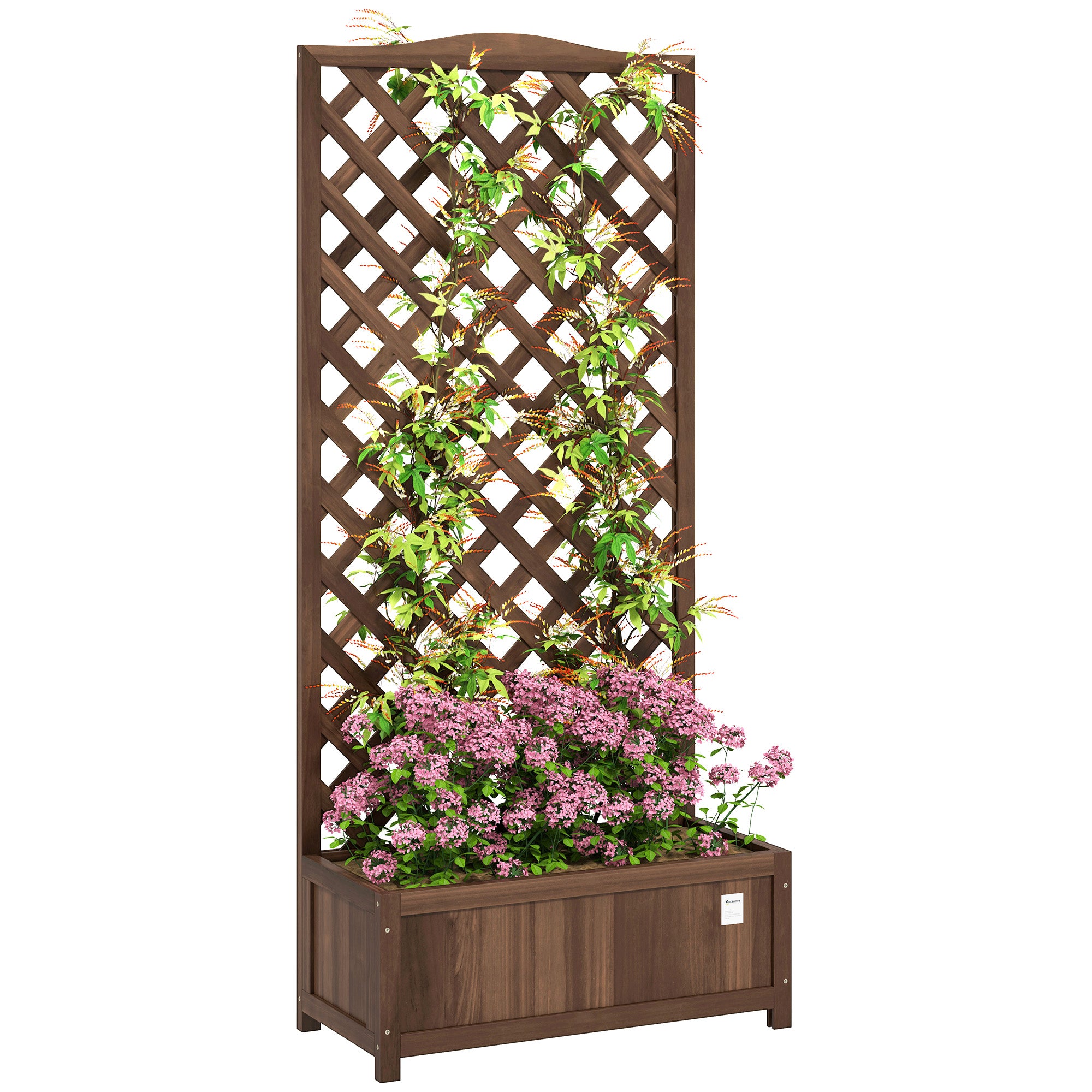 Outsunny 53L Garden Wooden Planter Box with Trellis Free Standing Flower Raised Bed with Lattice for Climbing Plants, 76cm x 36cm x 170cm, Dark Brown - North Peak Garden Furniture