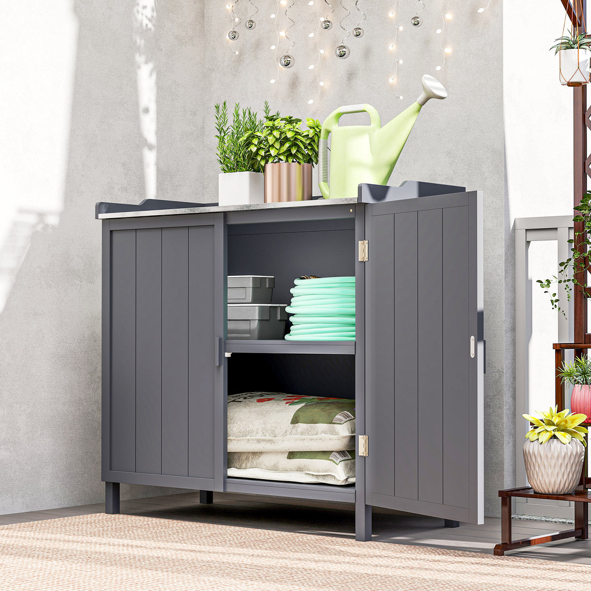 Outsunny Garden Storage Cabinet, Outdoor Tool Shed, Potting Bench Table with Galvanized Top and Two Shelves for Yard Tools or Pool Accessories, Grey