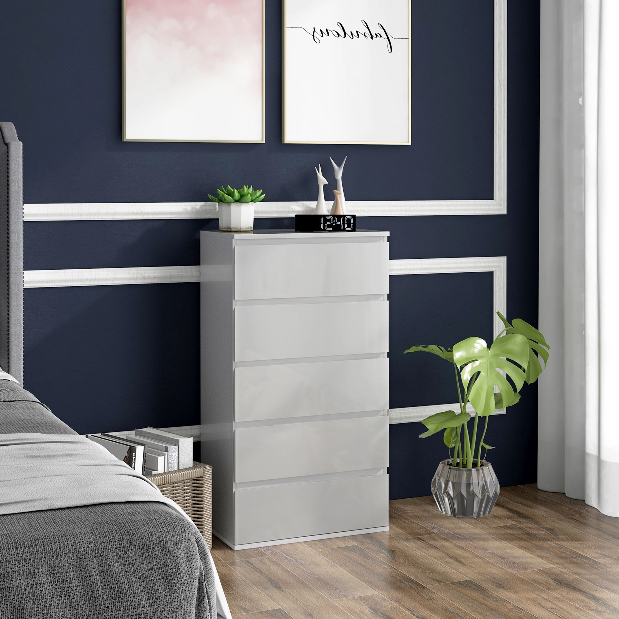 HOMCOM High Gloss Chest of Drawers, 5-Drawer Storage Cabinets, Modern Dresser, Storage Drawer Unit for Bedroom - North Peak Garden Furniture