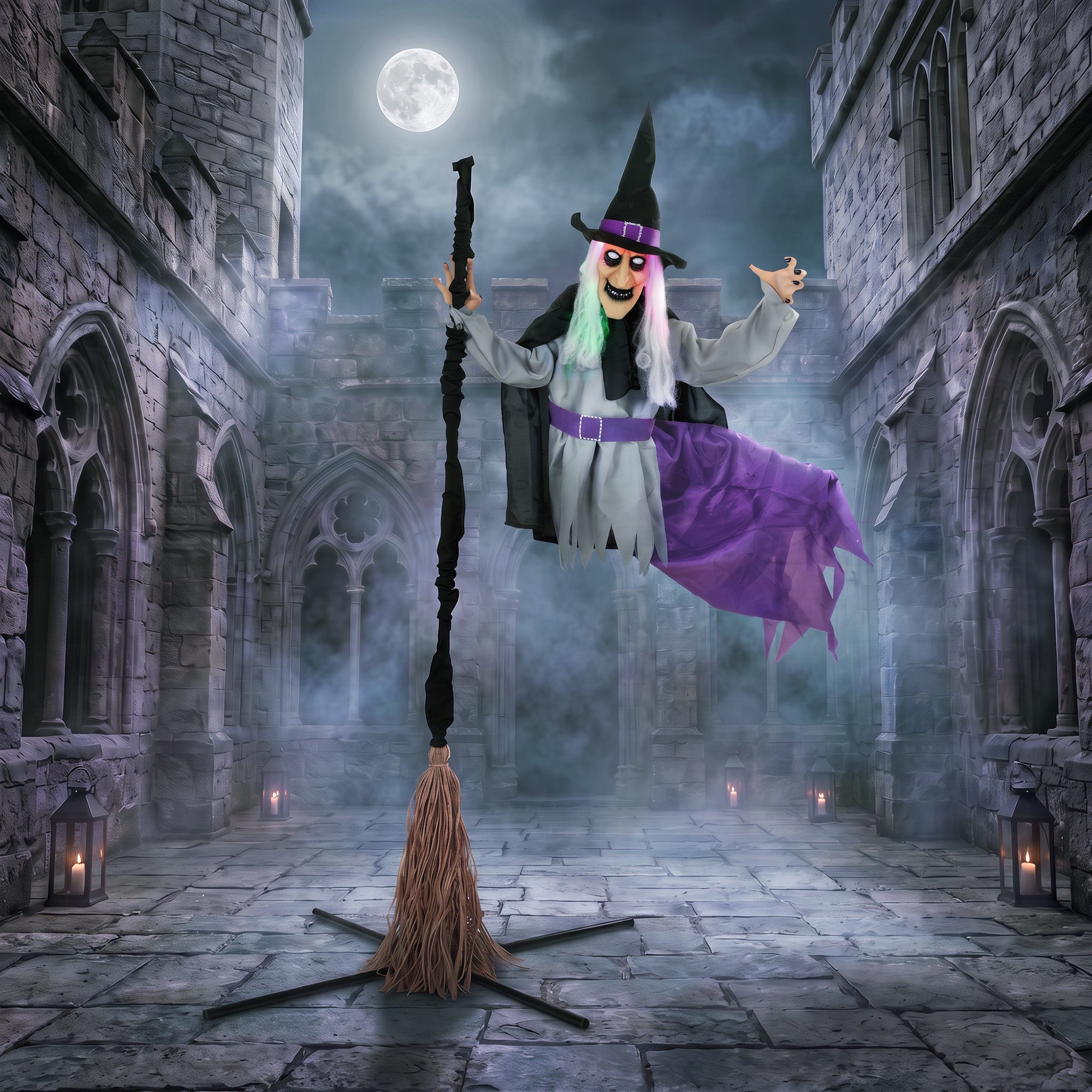 HOMCOM 200cm Life Size Animated Flying Witch Halloween Decorations Outdoor Indoor, Scary Halloween Animatronics Decor
