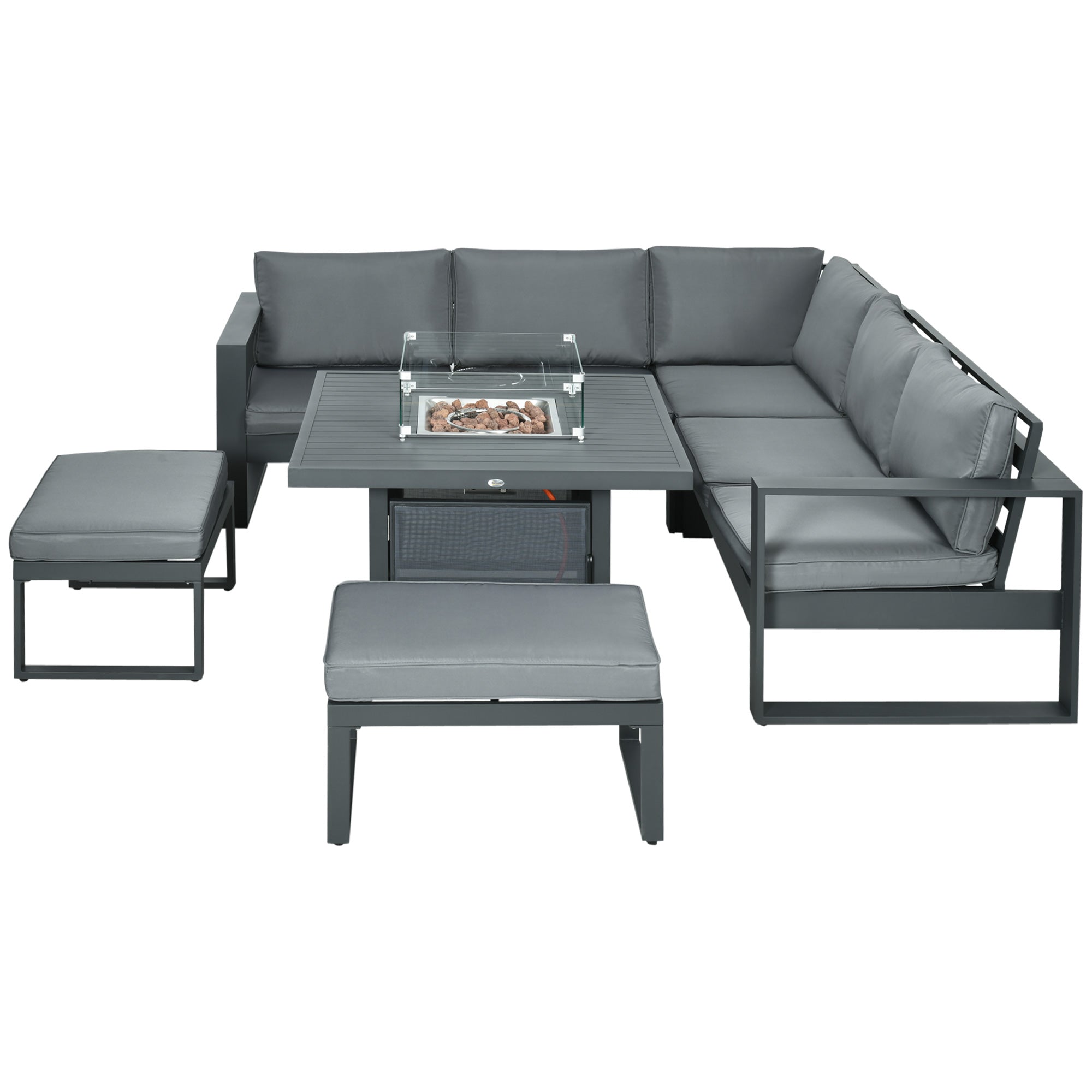 Outsunny 6-Piece Aluminium Garden Furniture Set, Outdoor Conversational Corner Sofa Loveseat Footstool Sectional with Gas Fire Pit Table for Yard, Poolside, Grey