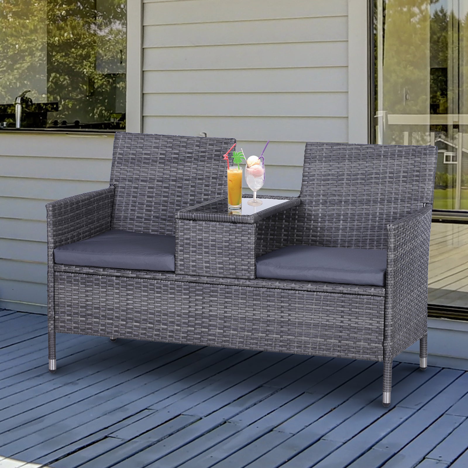 Outsunny 2-Seater PE Rattan Outdoor Garden Bench w/ Centre Table Grey - North Peak Garden Furniture