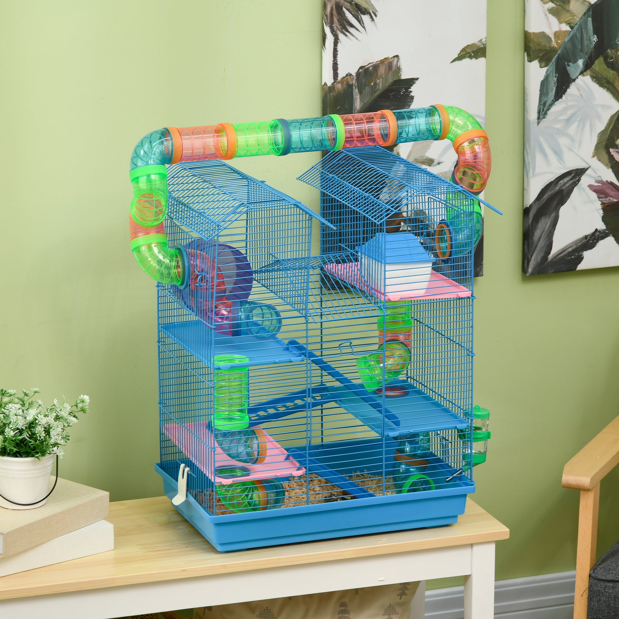 PawHut 5 Tier Hamster Cage Carrier Habitat with Exercise Wheels Tunnel Tube Water Bottle Dishes House Ladder for Dwarf Mice, Blue - North Peak Garden Furniture