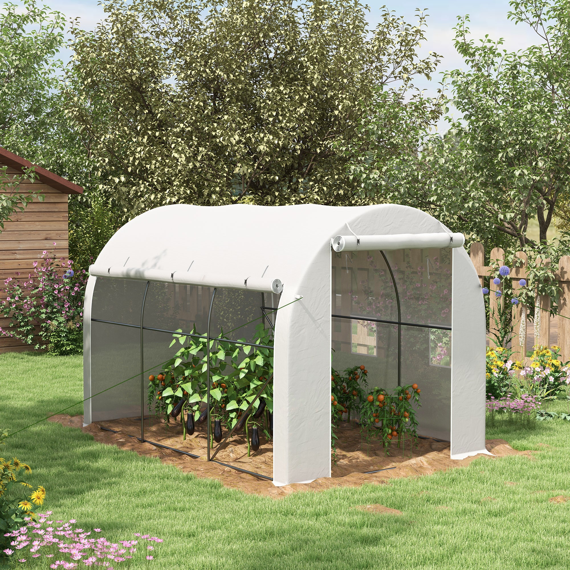 Outsunny 296 x 196cm Steel Frame Polytunnel Greenhouse - White - North Peak Garden Furniture