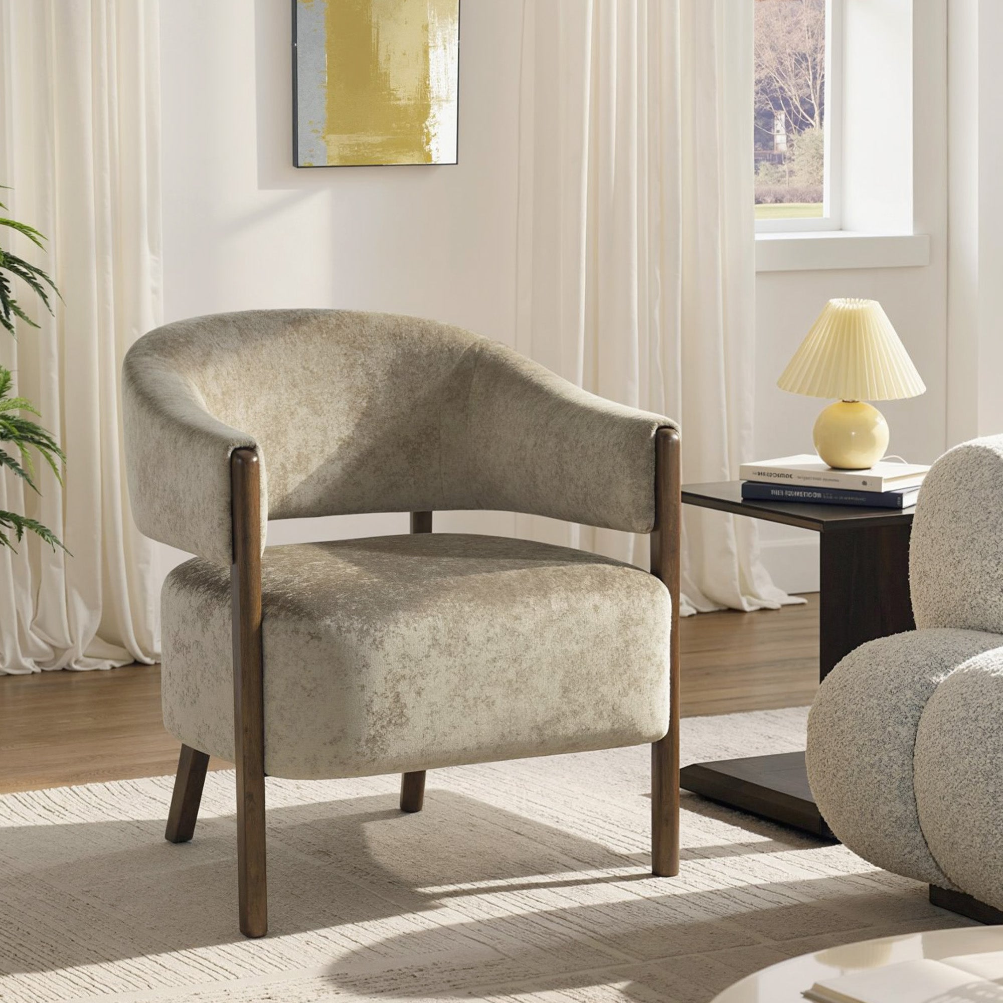 HOMCOM Accent Chair, Upholstered Tub Chair with Solid Wood Frame and Legs, Light Brown
