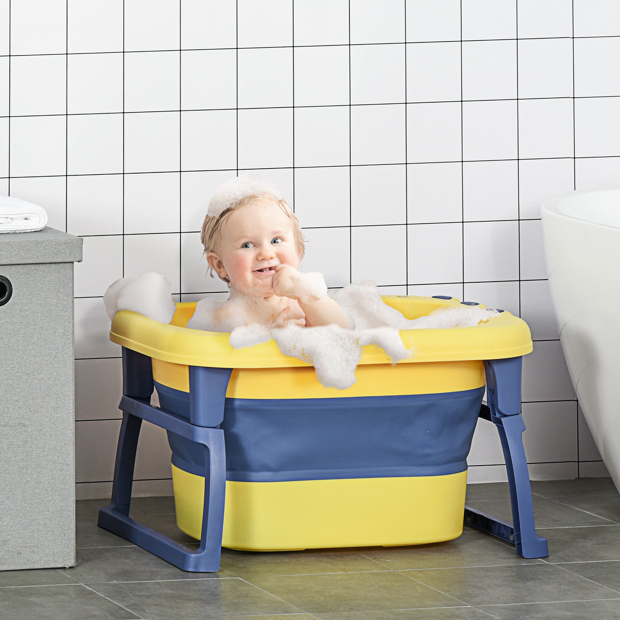 HOMCOM Baby Bathtub for 0-6 Years Collapsible Non-Slip Portable with Stool Seat for Newborns Infants Toddlers Kids - Yellow - North Peak Garden Furniture