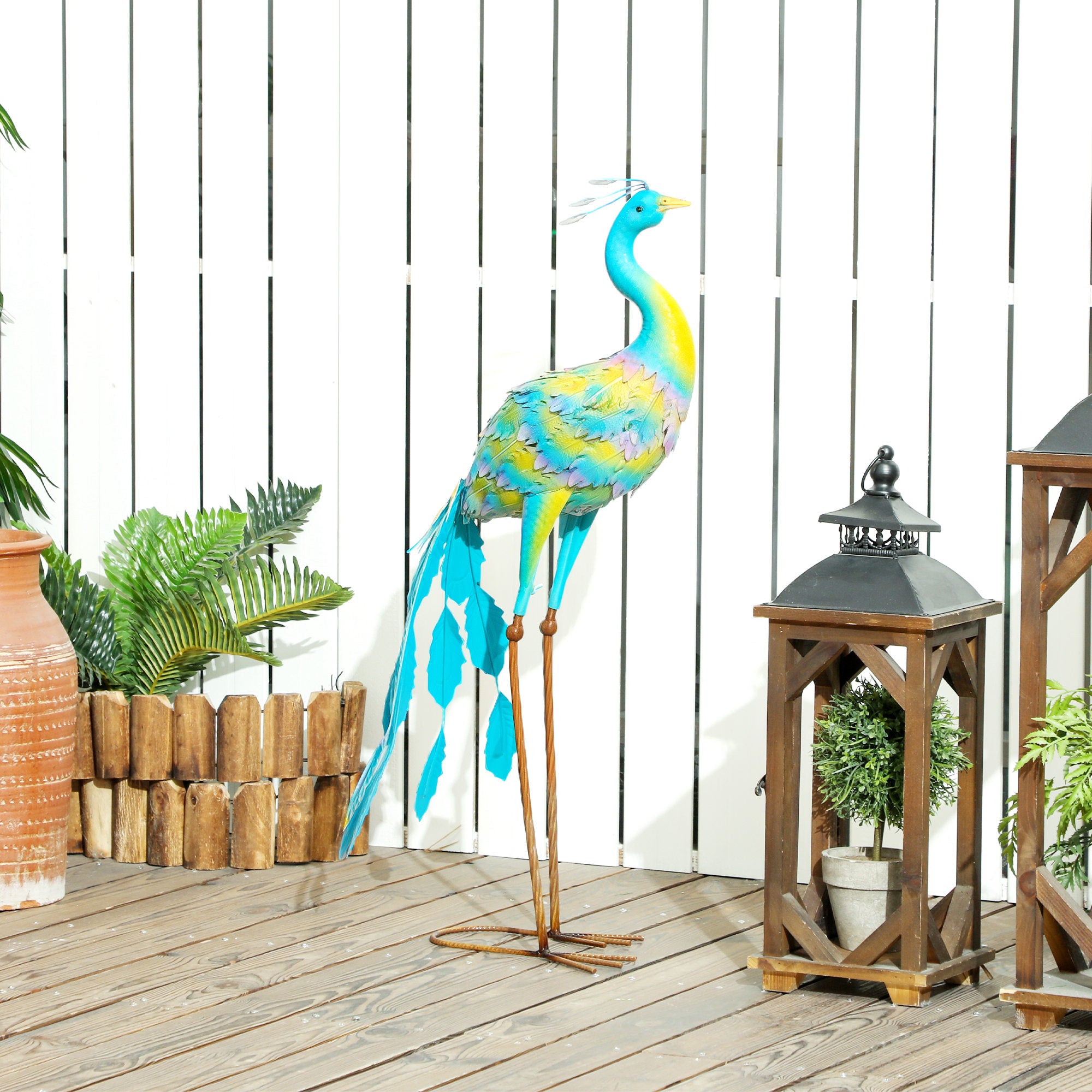 Outsunny Peacock Garden Statue, Standing Garden Ornament, Metal Garden Gift with Stakes for Patio Pond Landscape Decoration, Multi-Colour - North Peak Garden Furniture