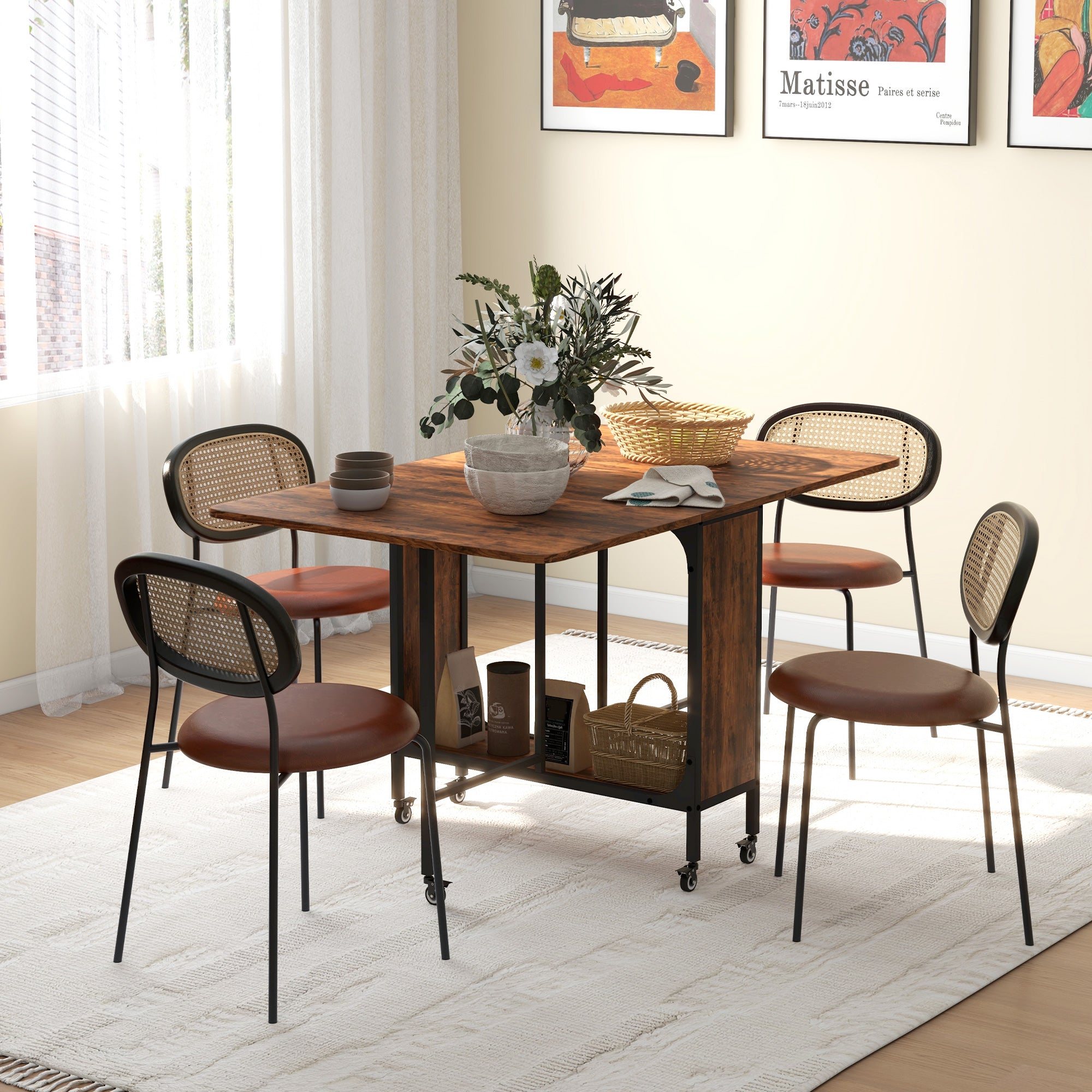 HOMCOM Six-Person Drop Leaf Dining Table - Rustic Brown/Black - North Peak Garden Furniture