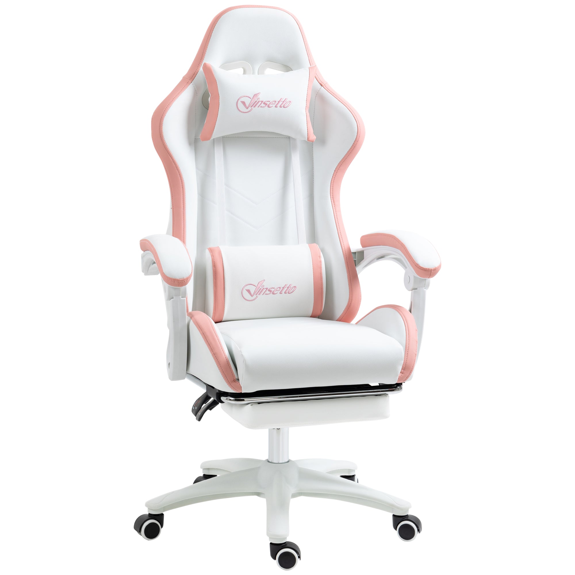 Vinsetto Computer Gaming Chair, PU Leather Desk Chair with Footrest, Swivel Task Chair with 135° Reclining Back and Lumbar Support, PC Chair for Adults, White and Pink - North Peak Garden Furniture