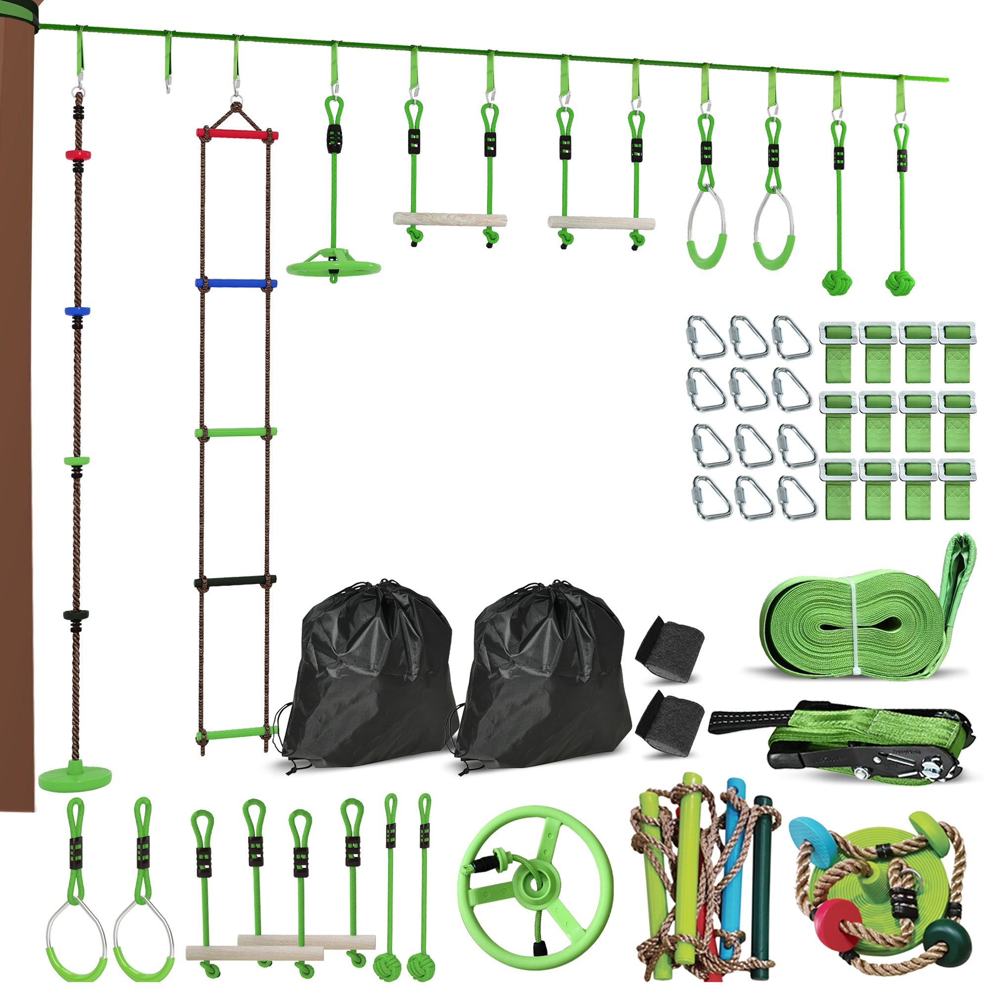 AIYAPLAY Obstacle Course for Kids with 10PCs Slackline Kit, with Monkey Bars, Gym Rings, Rope Ladder, Nest Swing, Hanging Tray - North Peak Garden Furniture