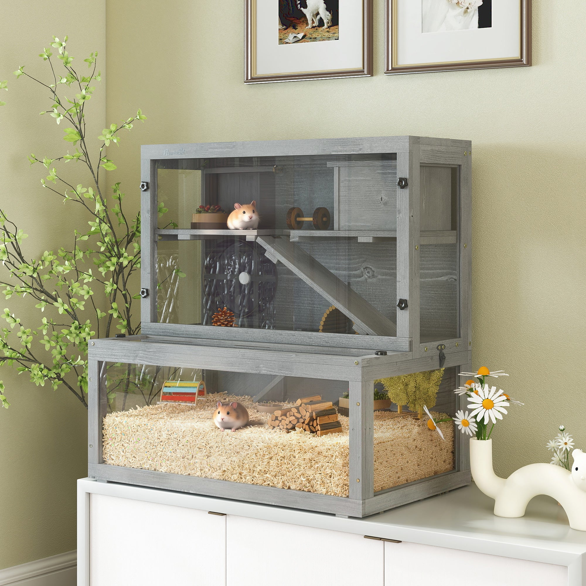 PawHut Wooden Hamster Cage with Hut, Wheel, Ramps, Removable Viewing Panels, 80 x 50 x 84 cm, Grey