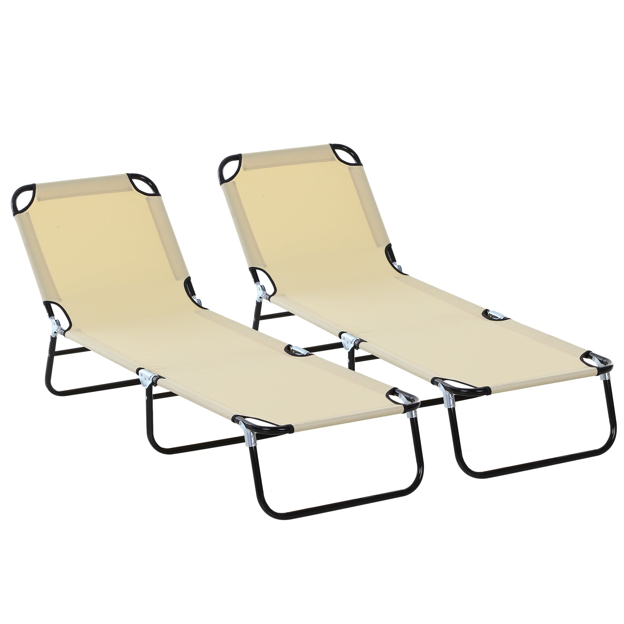 Outsunny 2 Piece Foldable Sun Loungers with 5-Position Adjustable Backrest, Outdoor Portable Recliner Chaise Lounge Chairs with Breathable Mesh Fabric, Beige - North Peak Garden Furniture
