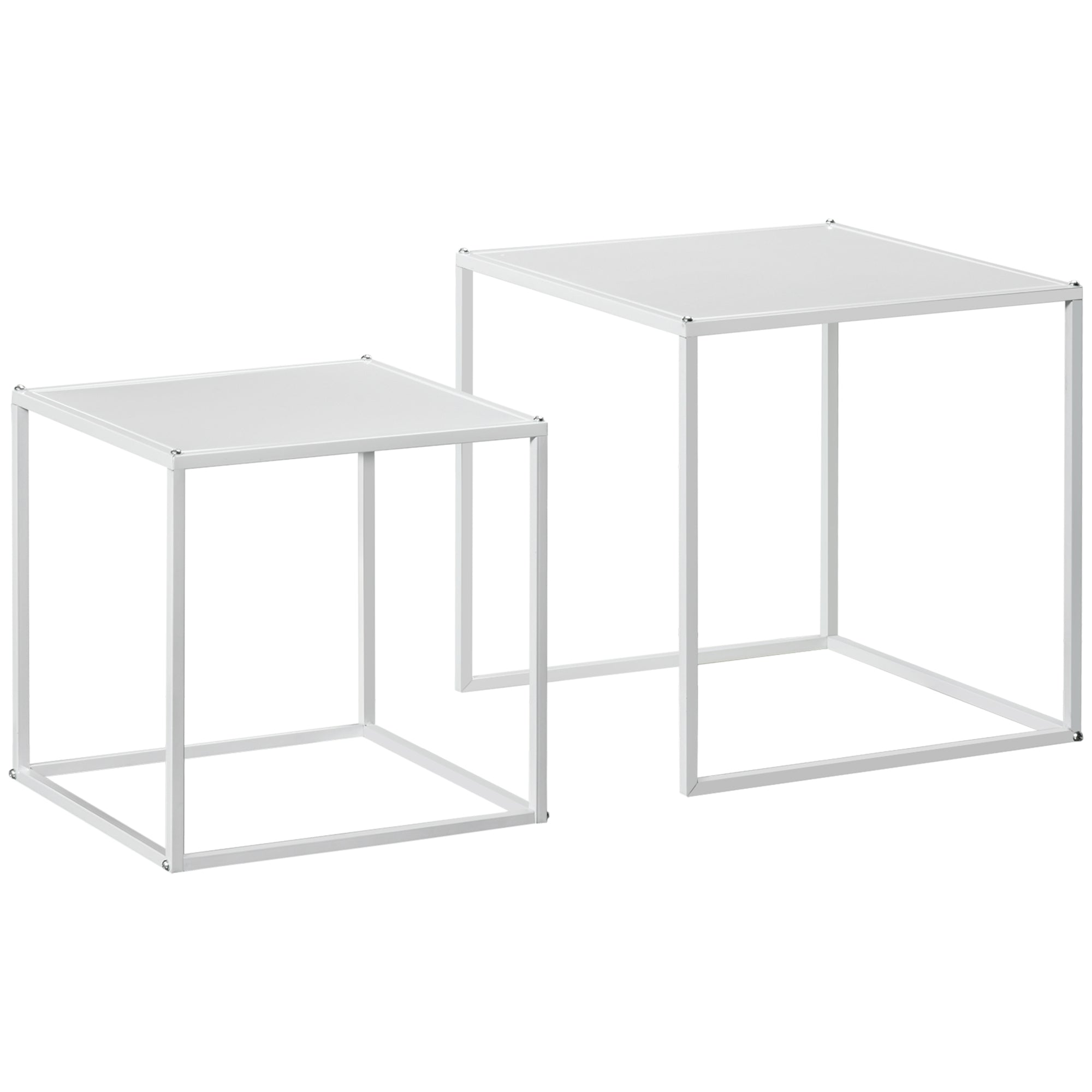 HOMCOM Square Nesting Coffee Table Set of 2, Modern Nest of Tables, Sofa Side Tables with Steel Frame for Living Room, Bedroom, Small Space, White - North Peak Garden Furniture
