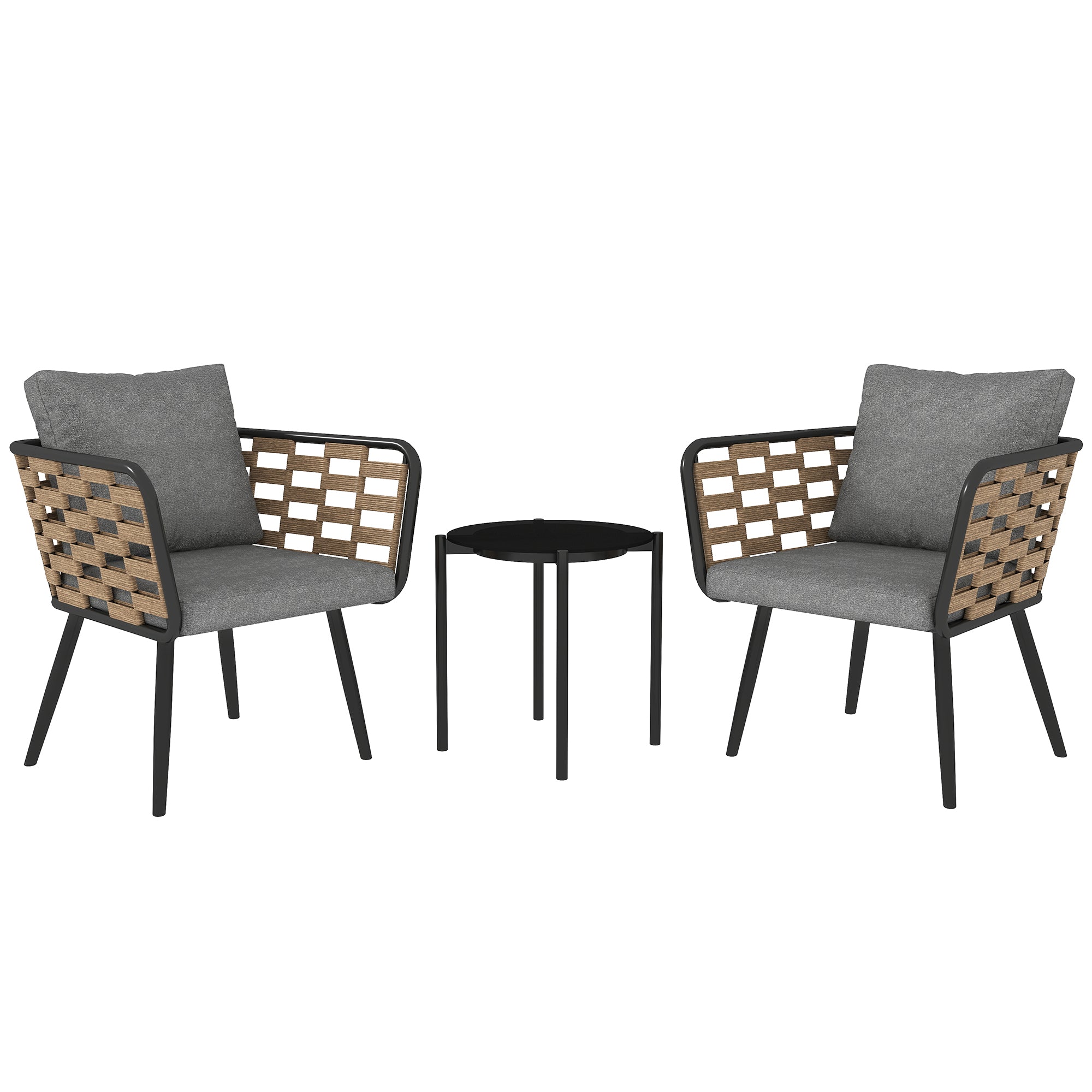 Outsunny 3 Pieces Rattan Bistro Set with Washable Seat and Back Cushions, Glass Top Coffee Table, for Outdoor, Patio, Black - North Peak Garden Furniture