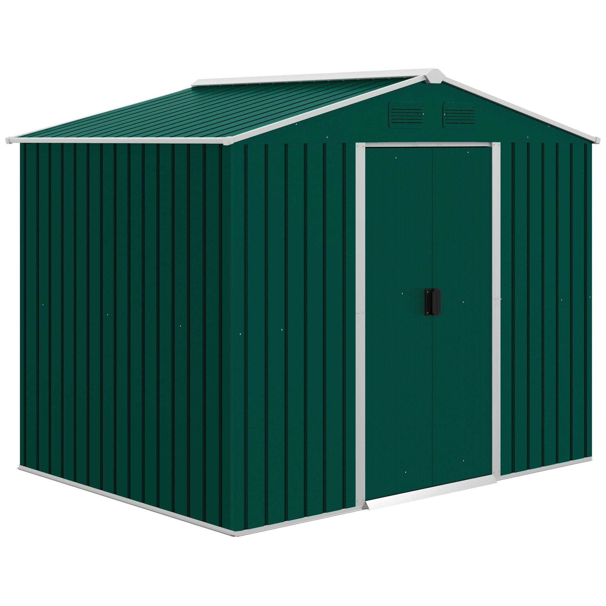 Outsunny 7.7 x 5.7ft Metal Garden Shed with Ventilation Slots and Sliding Doors, Galvanised Outdoor Tool Storage House, Green - North Peak Garden Furniture