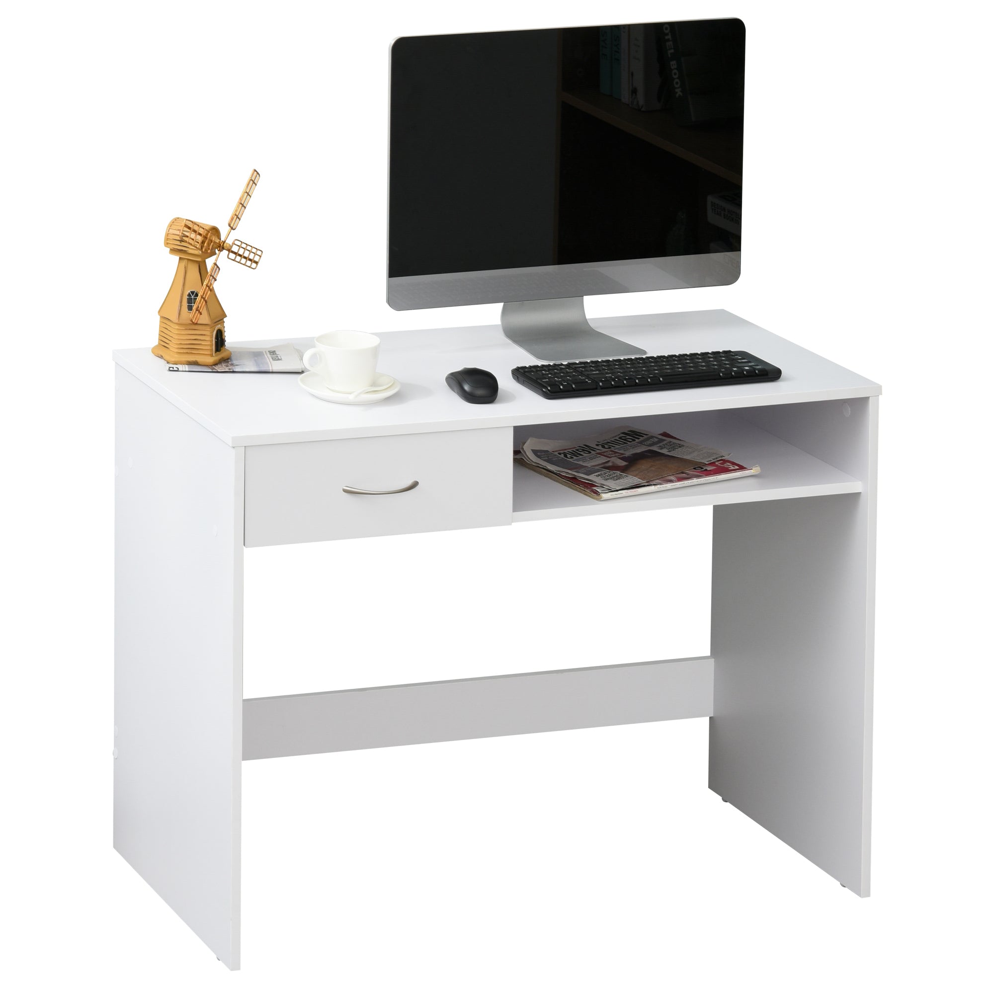HOMCOM Compact Computer Desk, Study Table with Drawer and Storage Compartment, Writing Workstation, White - North Peak Garden Furniture