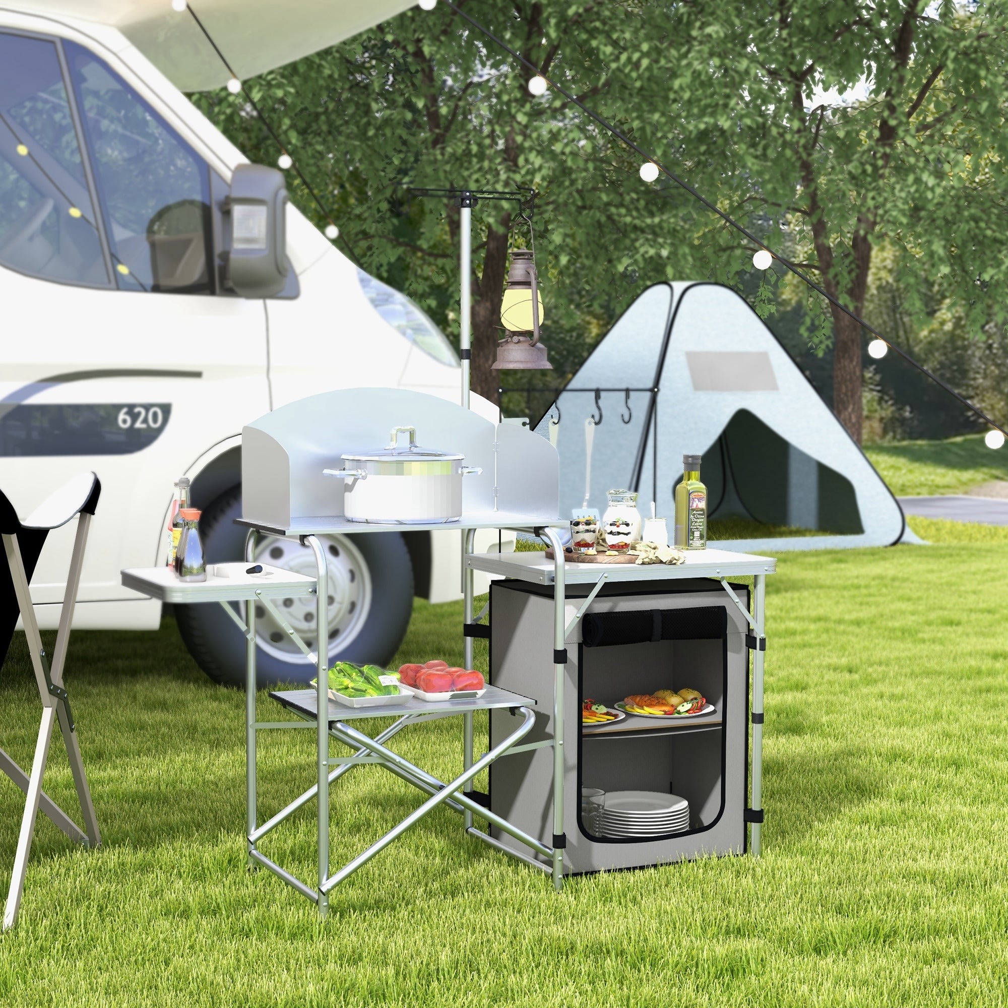 Outsunny Multi-Feature Folding Camping Kitchen, with Wind Shield - North Peak Garden Furniture