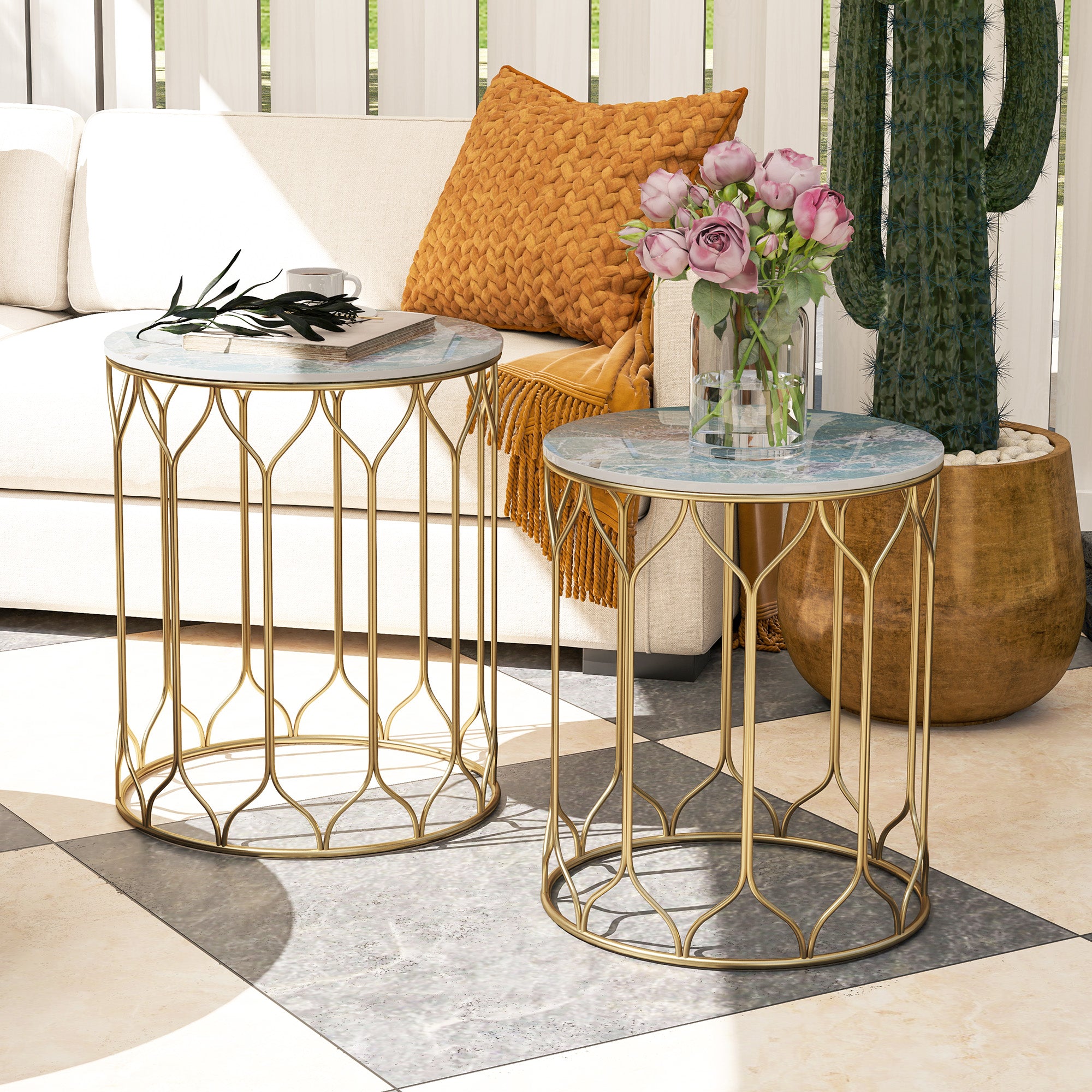 Outsunny Garden Side Table Set of 2, Nesting Tables with Ceramic Tile Top, Indoor Outdoor Small Garden Tables, Multifunctional End Tables with Metal Frame for Patio, Balcony, Porch, Multicoloured - North Peak Garden Furniture