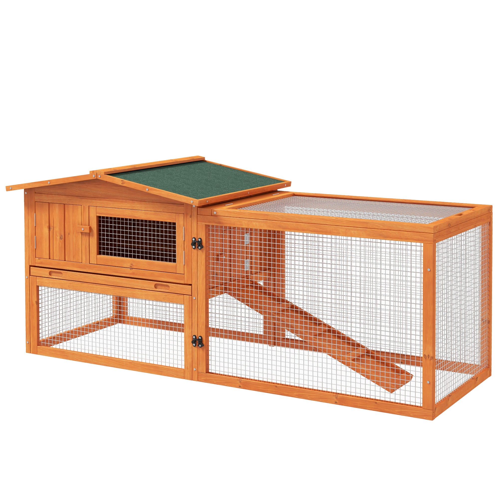 PawHut Rabbit Hutch with Run Wooden Guinea Pig Hutch Outdoor Bunny Cage Hide House with Sliding Tray, Hay Rack, Ramp, 156 x 58 x 68cm, Orange - North Peak Garden Furniture