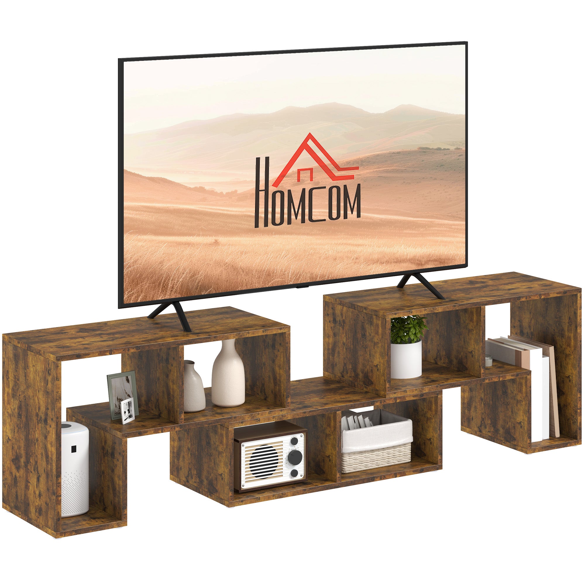 HOMCOM TV Stand for TVs up to 75 Inches, Free Combination TV Unit with Storage Shelves, Extendable Entertainment Centre for Living Room, Rustic Brown - North Peak Garden Furniture