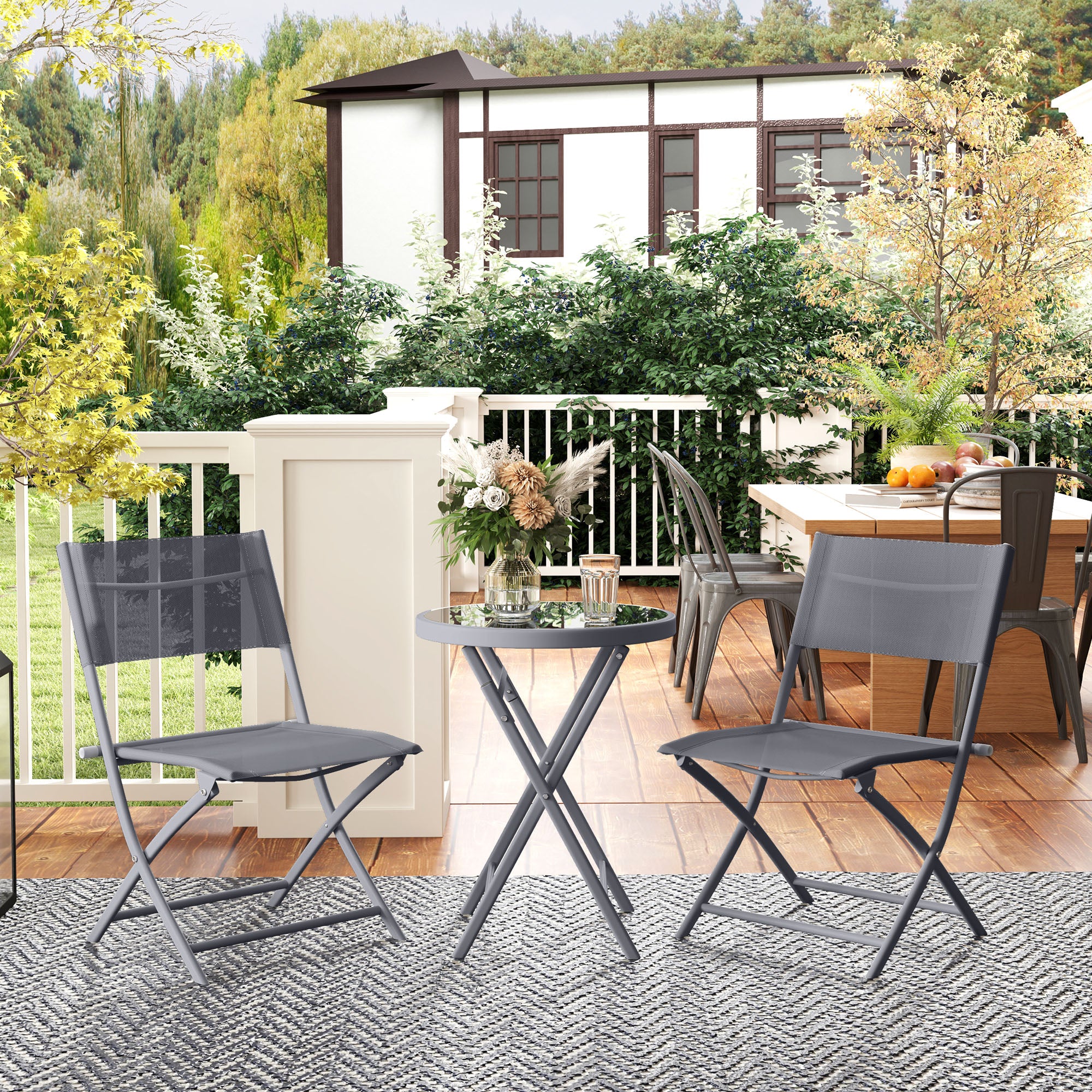 Outsunny 3 Pieces Outdoor Bistro Set, Glass Top Outdoor Table and 2 Folding Chairs with Protecting Feet, Grey - North Peak Garden Furniture
