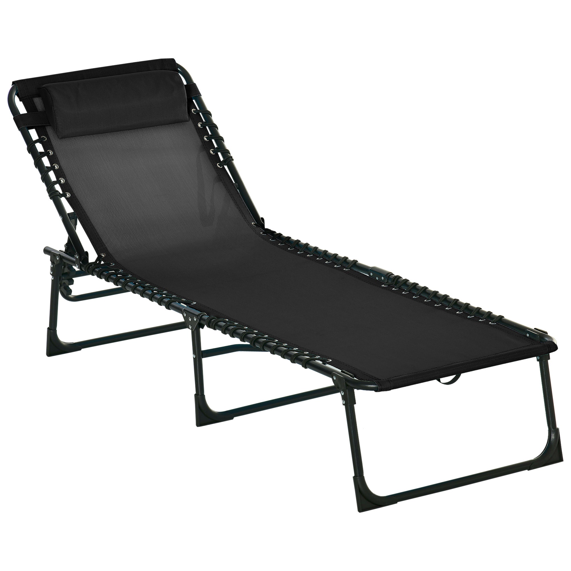 Outsunny Foldable Sun Lounger, Outdoor 4 Level Adjustable Backrest Reclining Chaise Chair, Steel Frame Recliner Chair for Camping, Hiking, Black - North Peak Garden Furniture