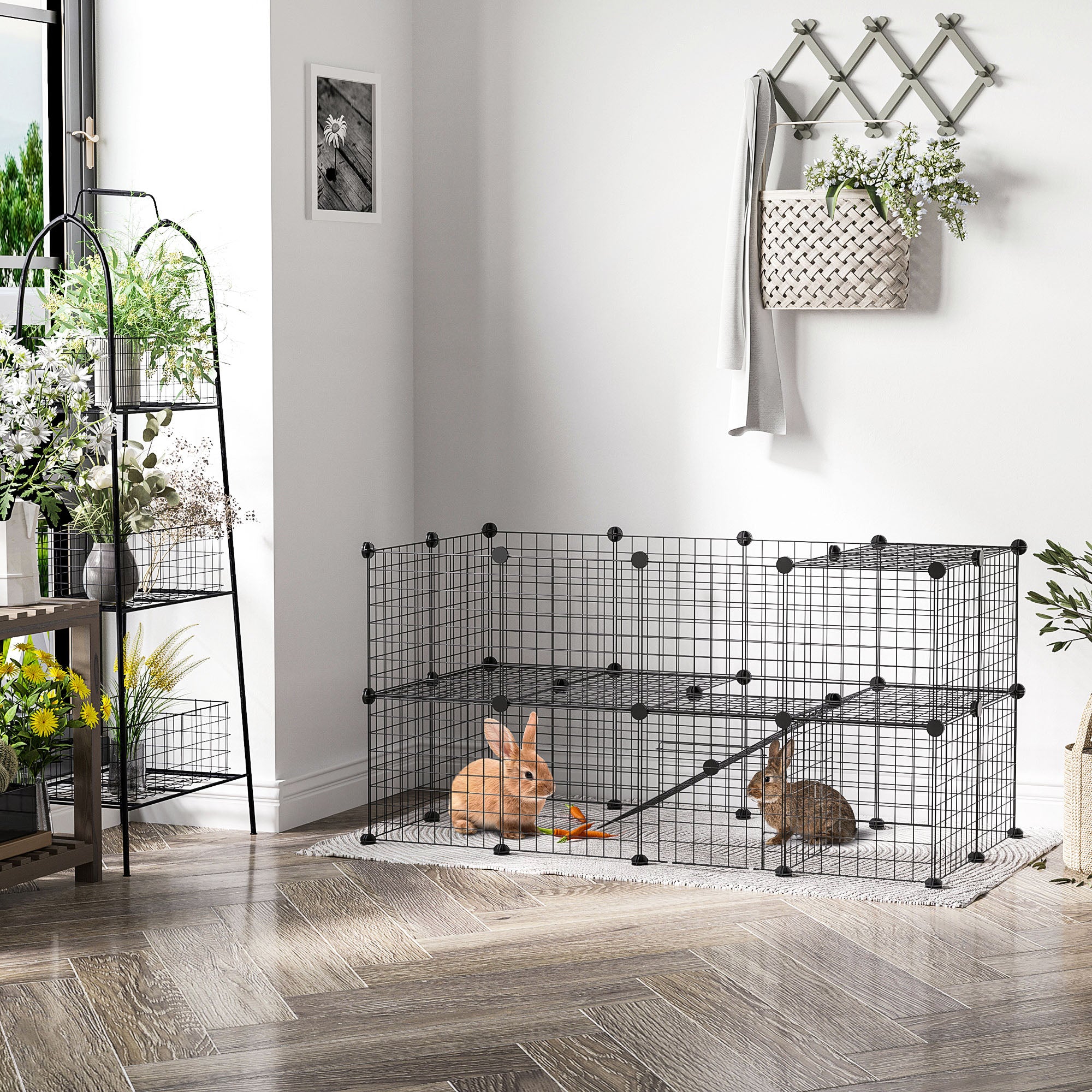 PawHut DIY Pet Playpen Metal Wire Fence Indoor Outdoor Rabbit Small Animals Cage 36 Panel Enclosure Black - North Peak Garden Furniture