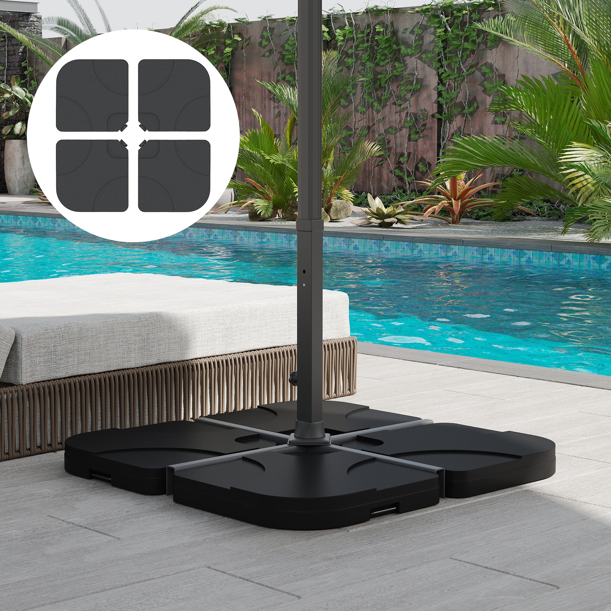 Outsunny 4 Pieces Parasol Base Stand Weights for Banana Hanging Cantilever Umbrella, Water and Sand Filled, Up to 72kg, Black - North Peak Garden Furniture