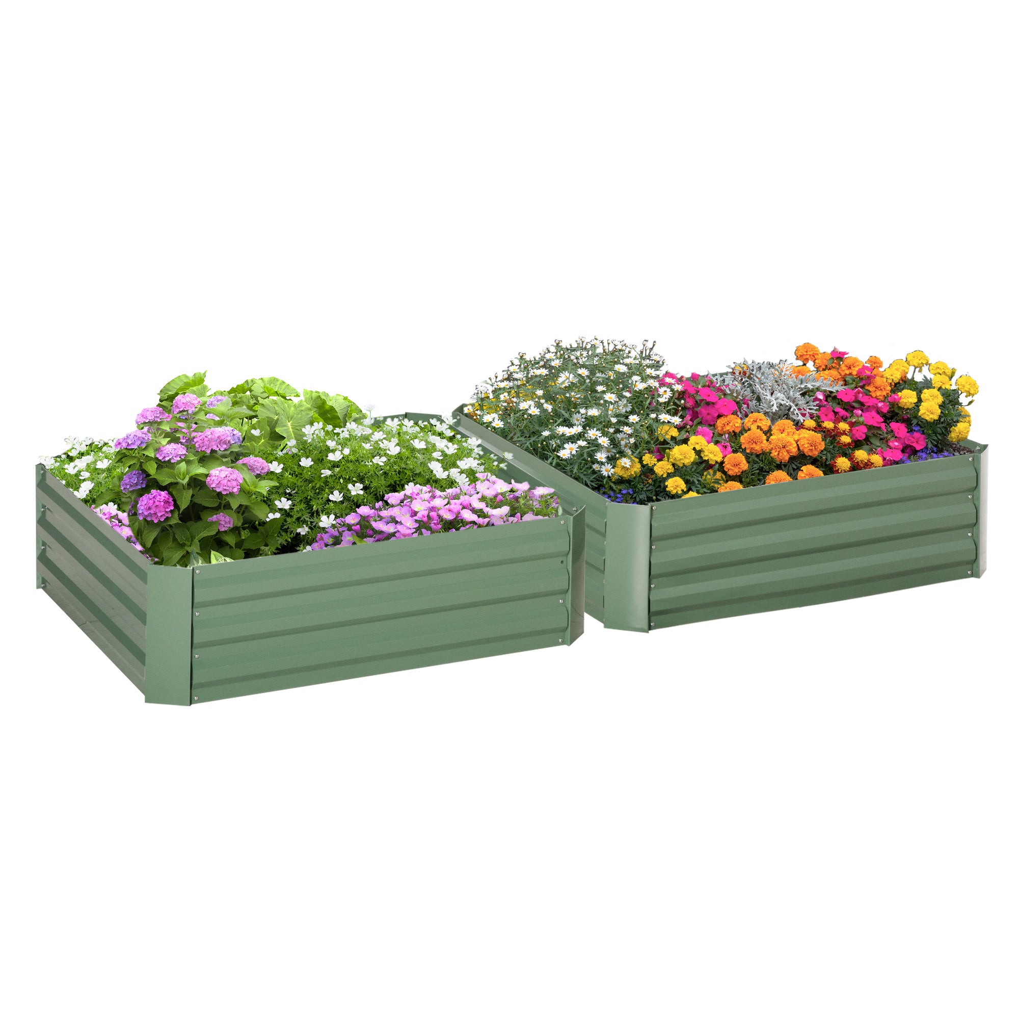 Outsunny Set of 2 291L Raised Garden Bed, Elevated Galvanised Planter Box for Flowers, Herbs, 100x100x30cm, Green - North Peak Garden Furniture