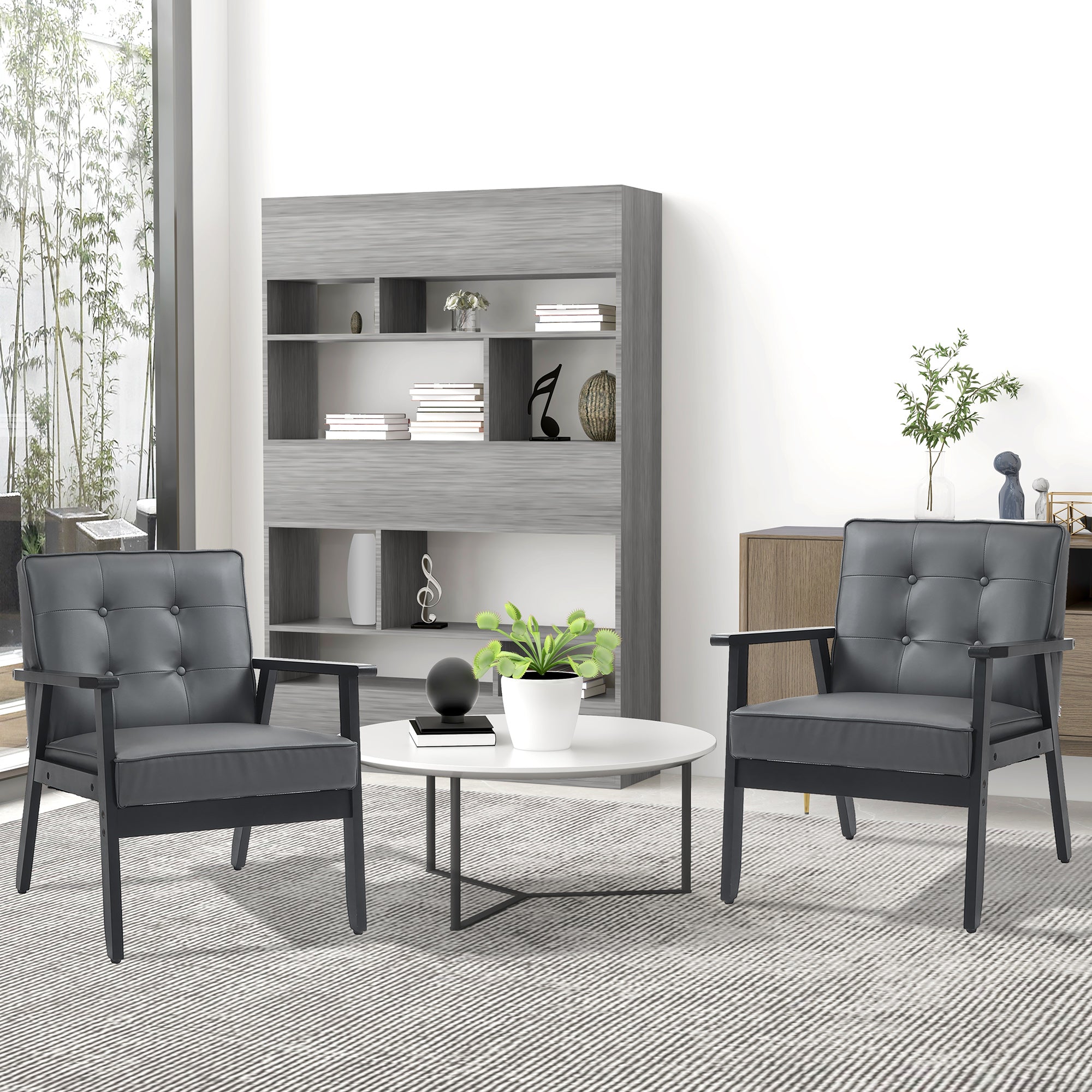 HOMCOM 2 Pieces Armchairs, PU Leather Accent Chairs, Occasional Chairs with Beech Wood Frame for Living Room, Reception, Bedroom, Balcony, Grey - North Peak Garden Furniture