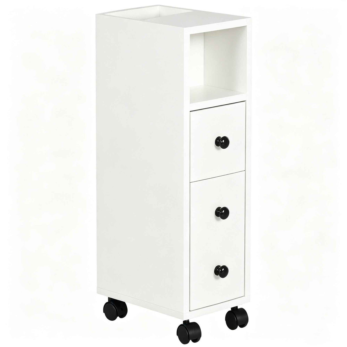 kleankin Slimline Bathroom Storage Unit w/ 2 Drawers 2 Open Compartments Wheels Handles Freestanding Compact Home Office Furniture White