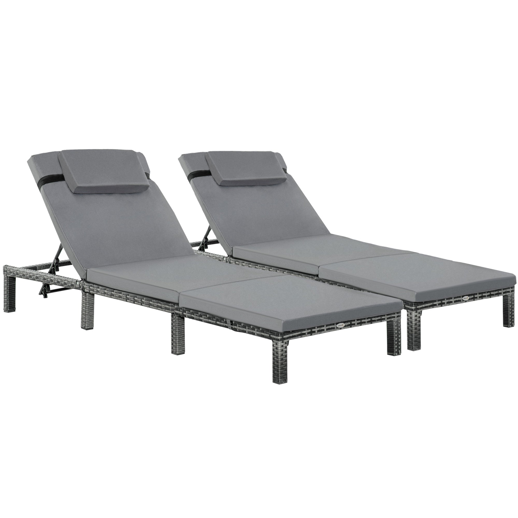 Outsunny 2 Pieces Outdoor PE Rattan Sun Loungers set of 2 with Cushion, Garden Wicker Sunbed Furniture with 5-Level Recliner Backrest, Grey - North Peak Garden Furniture