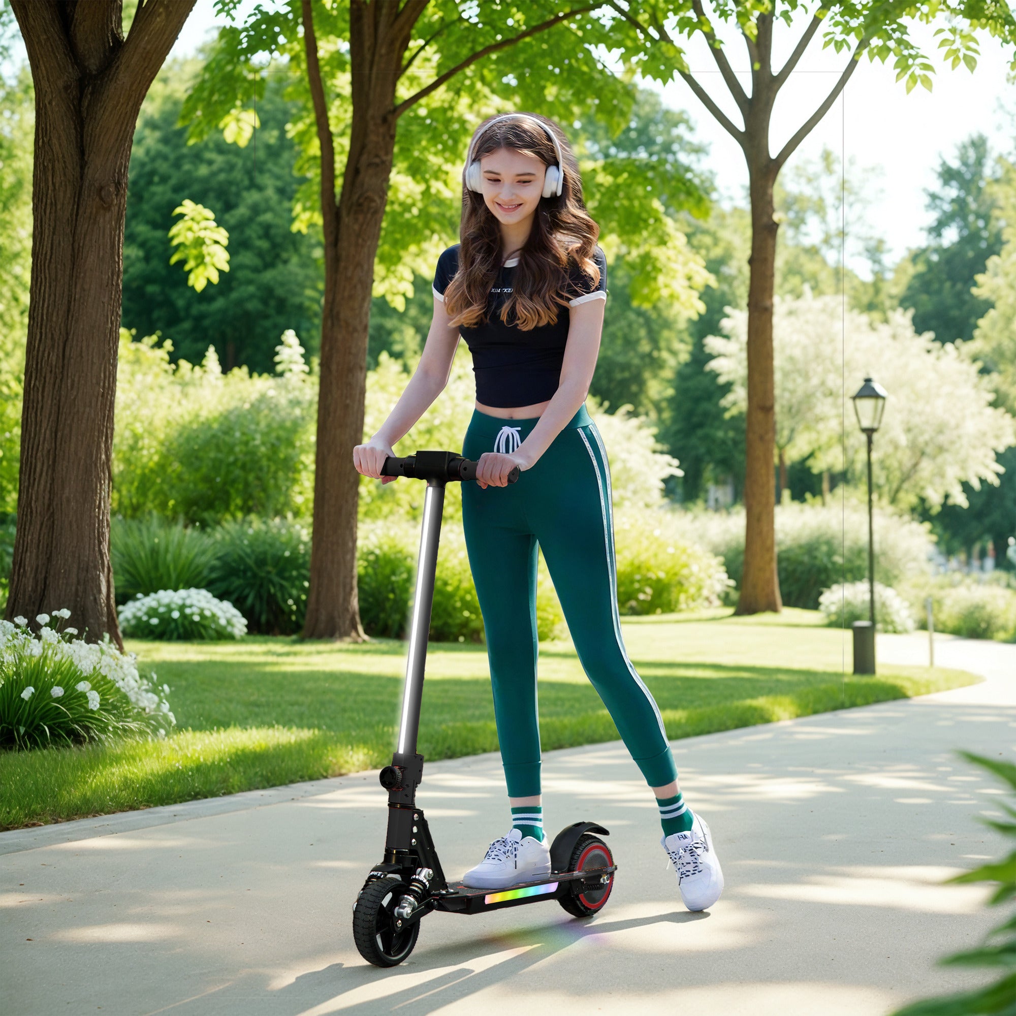 SPORTNOW Folding Electric Scooter for Kids Age 6-14 with Dual Brakes, Front Suspension, LED Colourful Lights and Display, 6.8kg Lightweight Aluminium E Scooter, Up to 14 KM/H & 6 KM, Black - North Peak Garden Furniture