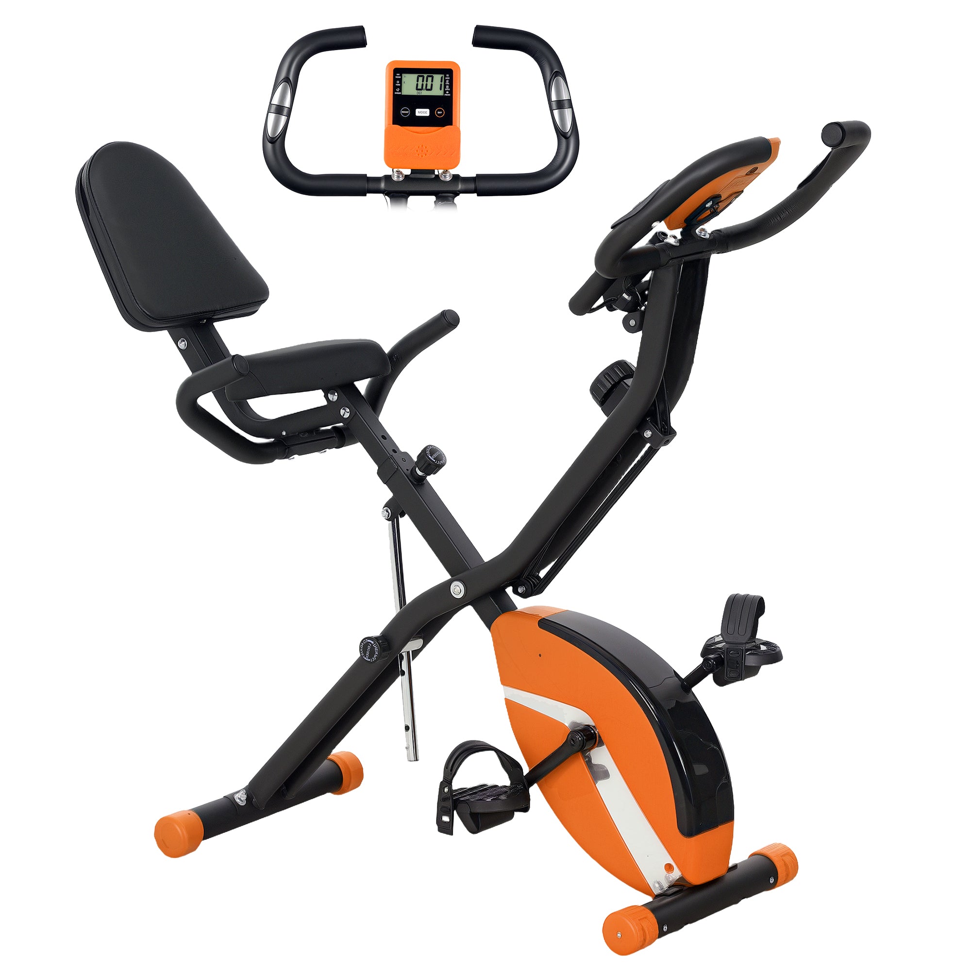 SPORTNOW 5-In-1 Folding Exercise Bike with Arm Workout Bands, Quiet 8-Level Magnetic Resistance Foldable Exercise Bike with LCD, Tablet Holder, Hand Pulse Sensor for Home Use Indoor Cycling, Orange - North Peak Garden Furniture