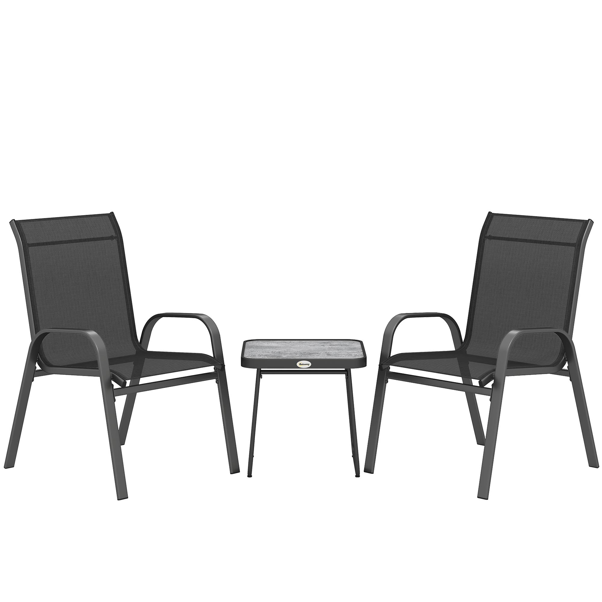 Outsunny 3 Pieces Outdoor Bistro Set, Patio Stackable Armchairs with Breathable Mesh Fabric and SPC Board Coffee Table, Black - North Peak Garden Furniture