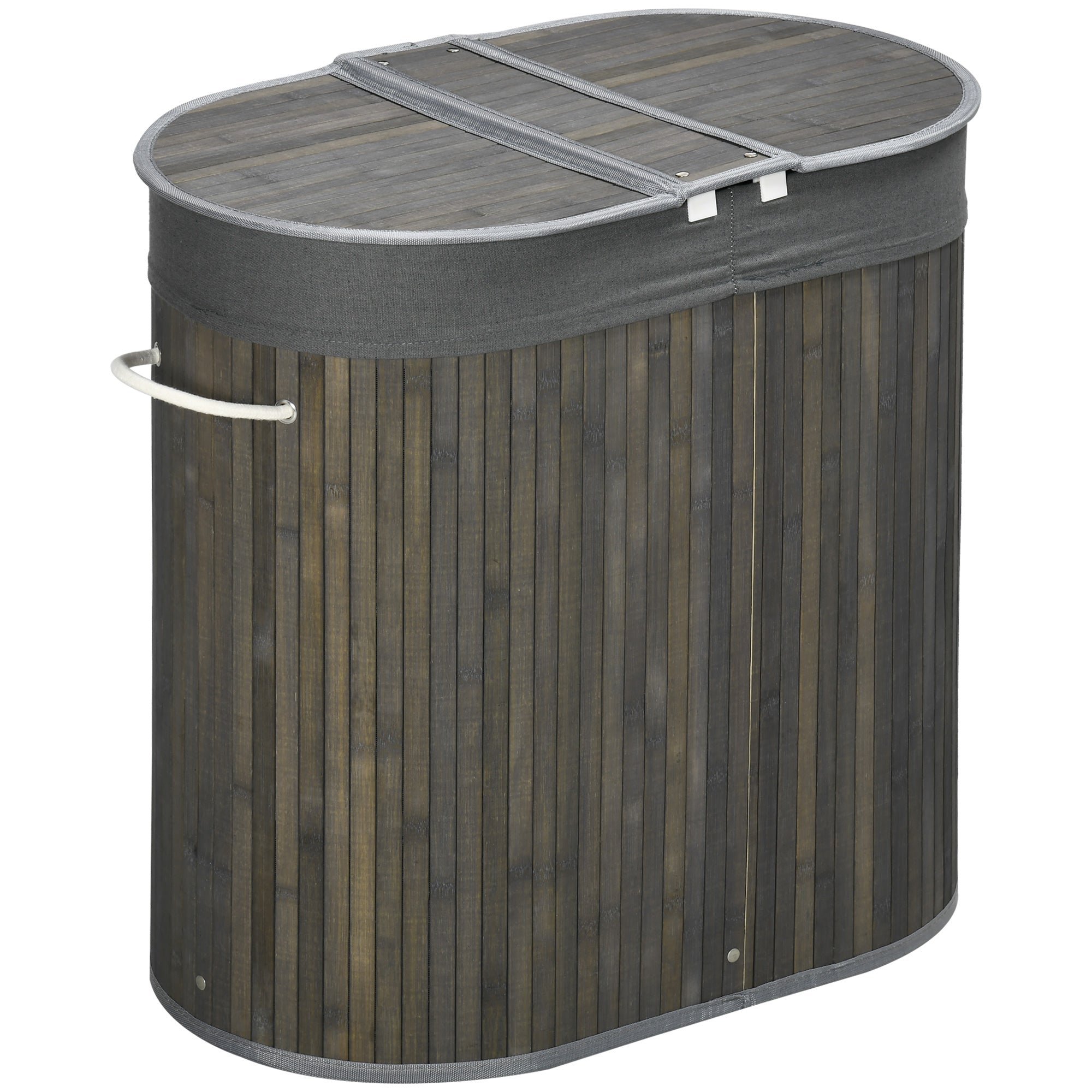 HOMCOM Bamboo Laundry Basket with Lid, 100 Litres Laundry Hamper with 2 Sections, Removable Washable Lining, Washing Baskets, 62.5 x 37 x 60.5cm, Grey - North Peak Garden Furniture