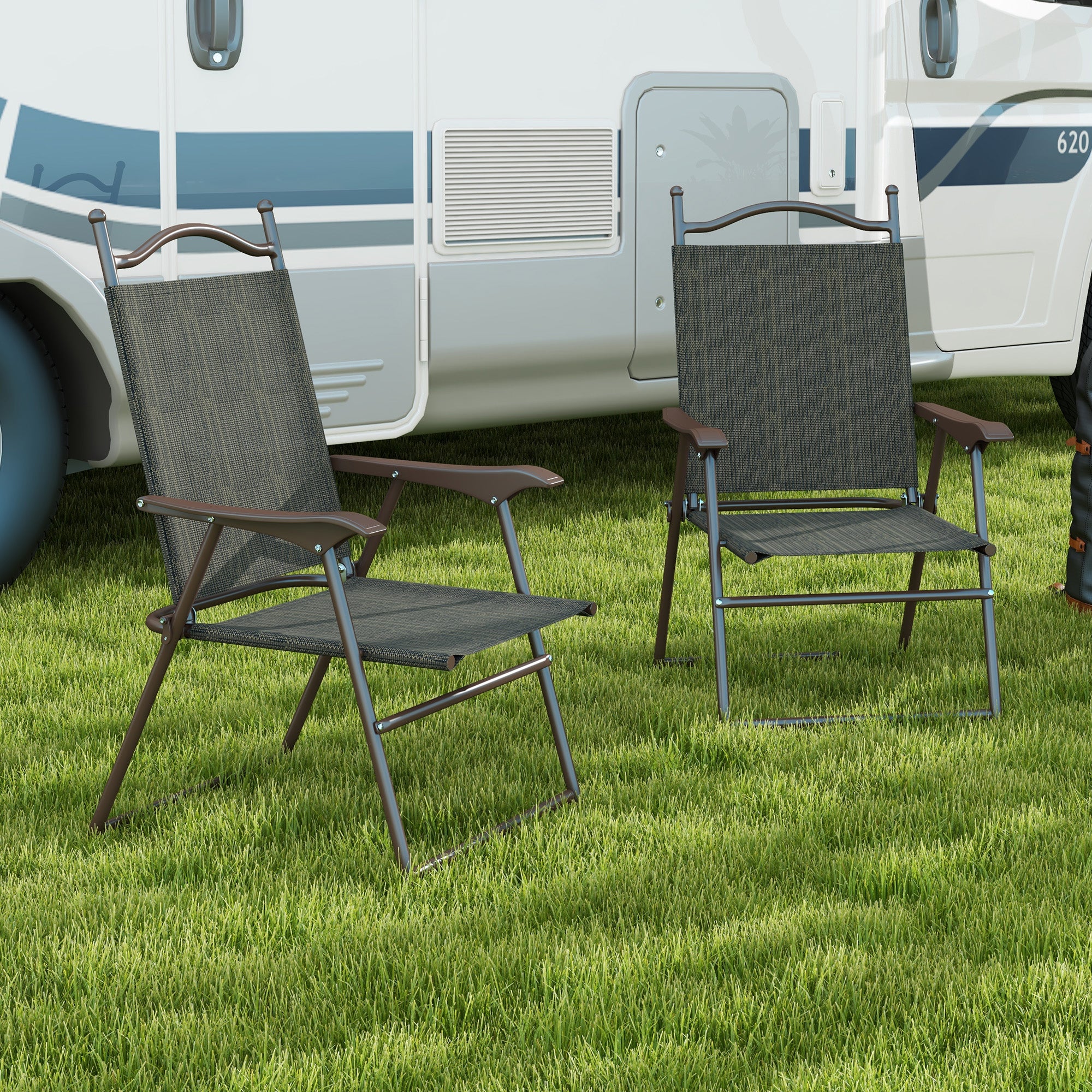 Outsunny Set of Two Folding Garden Chairs, with Fabric Mesh Seats - Dark Brown - North Peak Garden Furniture