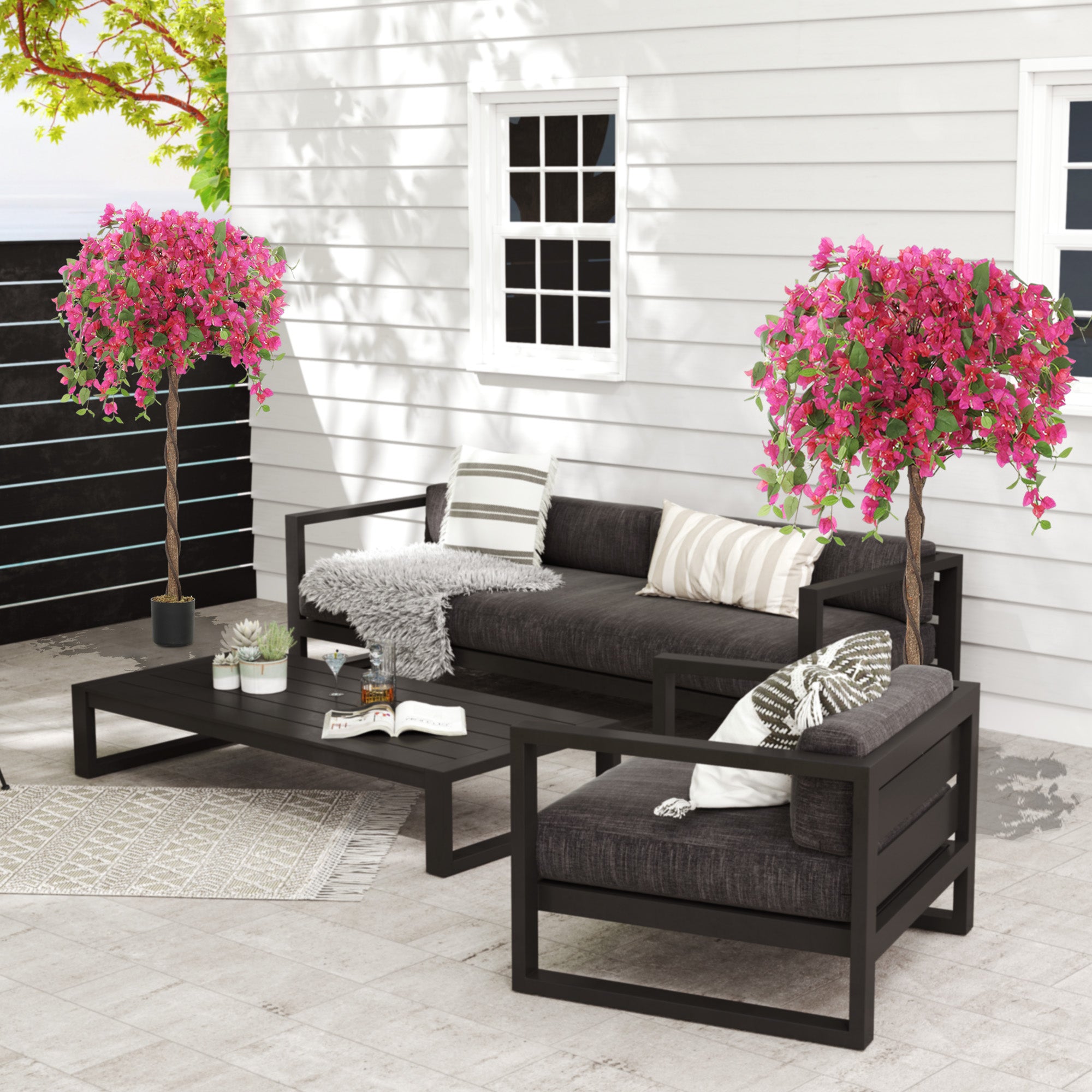 HOMCOM Set of 2 Decorative Artificial Plants, Murraya Flowers in Pots, Fake Plants for Home Indoor Decor, 120cm, Purple and Red - North Peak Garden Furniture