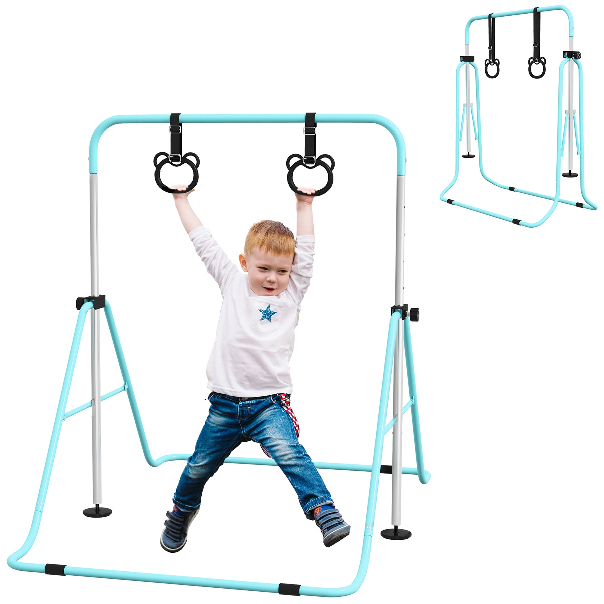 HOMCOM Adjustable Height, Foldable Kids Gymnastics Bar w/ Non-Slip Mats, for 3+ Years, Green - North Peak Garden Furniture
