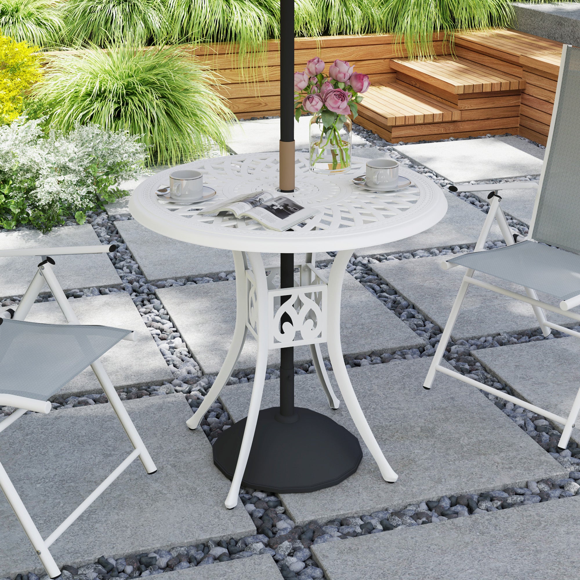 Outsunny 78 cm Round Garden Dining Table with Parasol Hole Antique Cast Aluminium Outdoor Table Only, White - North Peak Garden Furniture
