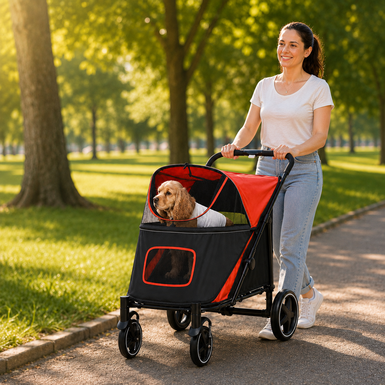 PawHut Foldable Pet Stroller, with Universal Wheels, Shock Absorber, for Medium and Large Dogs - Red