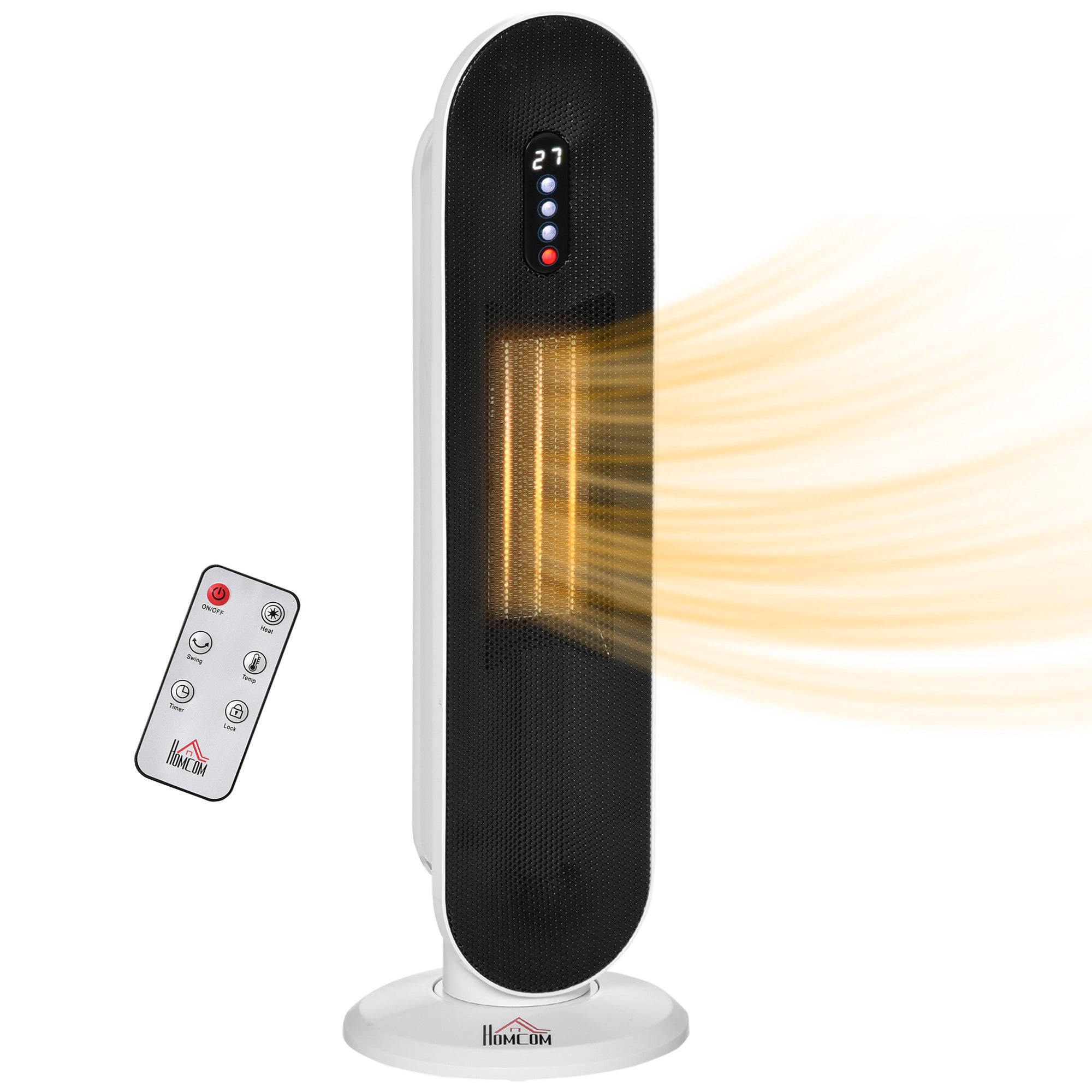 HOMCOM Ceramic Space Heater, Indoor Tower Heater with 2 Heat, Oscillation, Remote Control, Timer, Tip-Over & Overheating Protection, 1200W/2000W, White - North Peak Garden Furniture