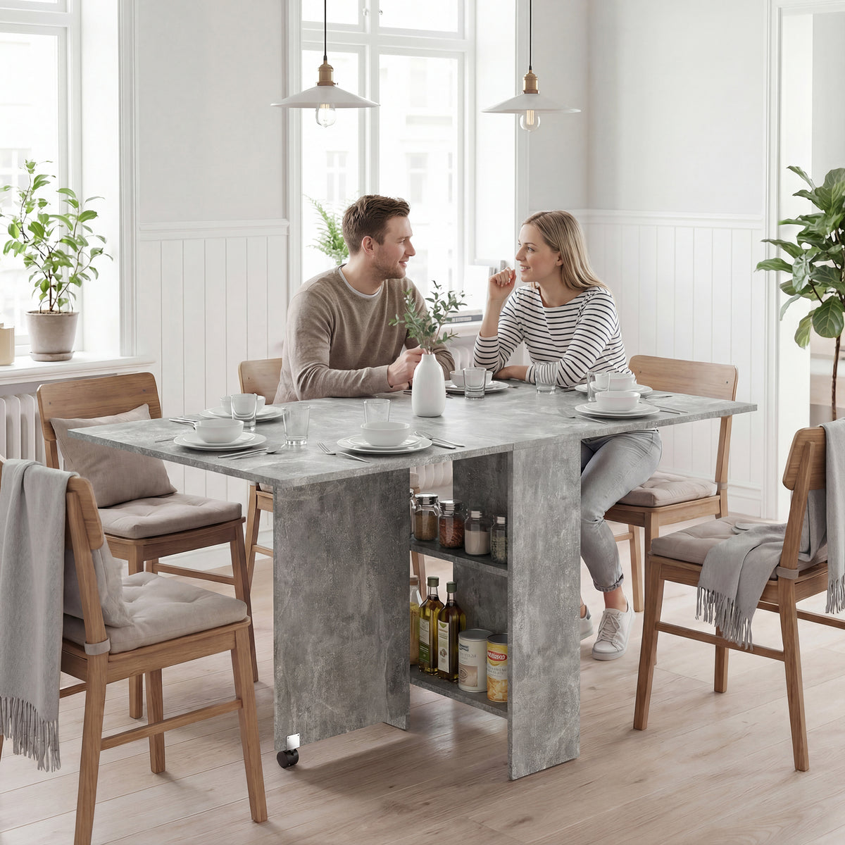 HOMCOM Folding Dining Table, Drop Leaf Table for Small Spaces with 2-tier Shelves, Small Kitchen Table with Rolling Casters, Cement Grey