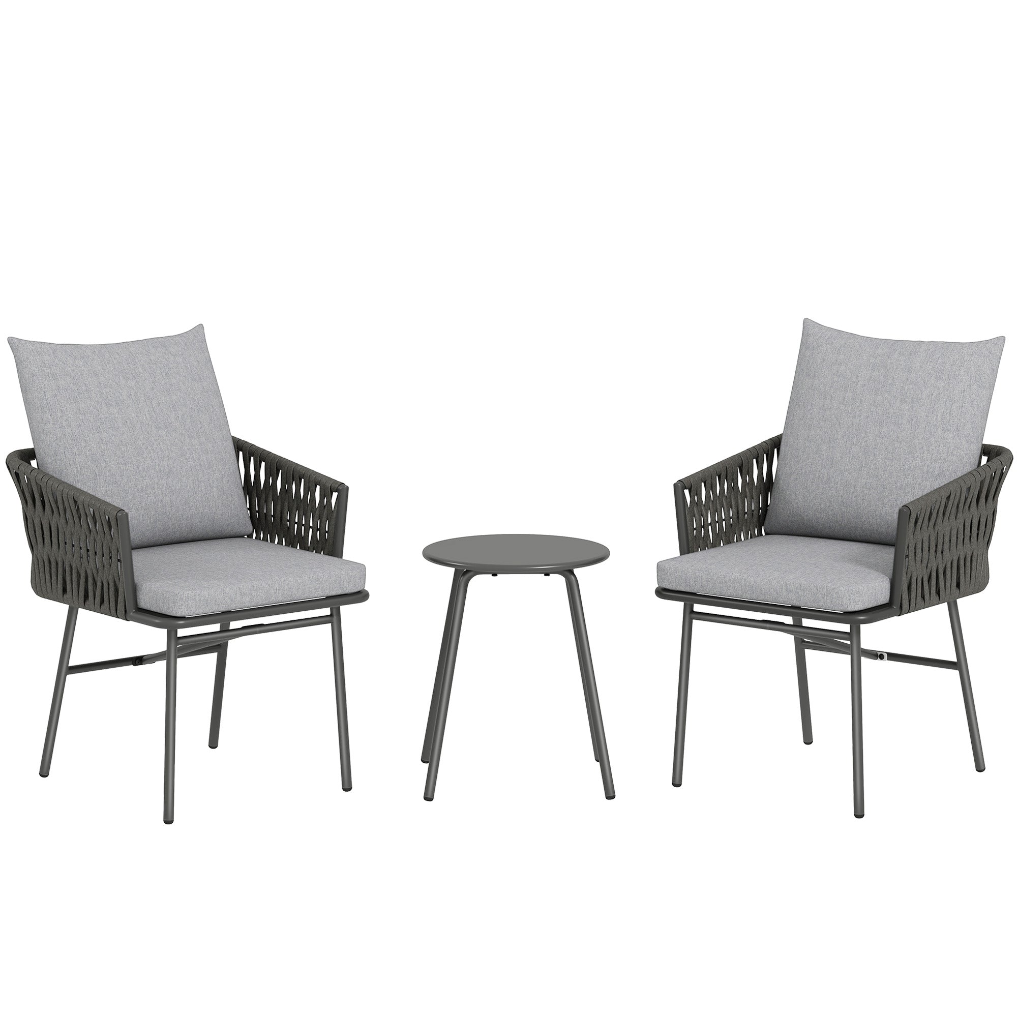 Outsunny 3-Piece Rattan Bistro Set, Garden Table and Chairs with 4 Cushions, Patio Rattan Conversation Furniture Set for Balcony, Porch, Terrace, Grey - North Peak Garden Furniture