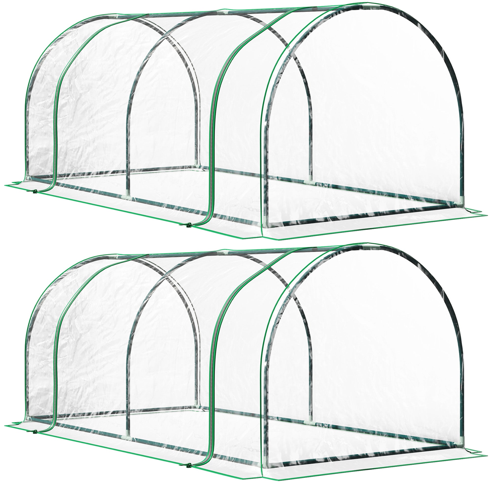 Outsunny Set of 2 Tunnel Greenhouse, Green Grow House with Roll-up Door, Steel Frame, Plastic Cover for Garden, Outdoor, 200 x 100 x 80cm, Clear - North Peak Garden Furniture