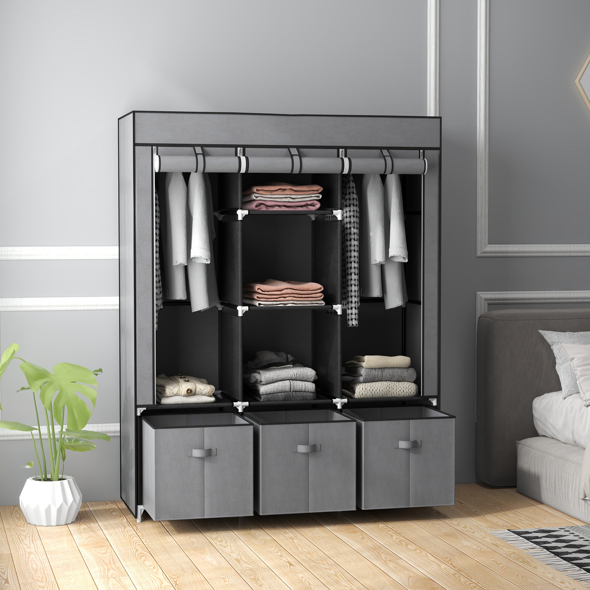 HOMCOM Fabric Wardrobe for Bedroom, Portable Wardrobe with 5 Shelves, 2 Hanging Rails and 3 Fabric Drawers, Foldable Closet, 125 x 43 x 162.5cm, Dark Grey - North Peak Garden Furniture
