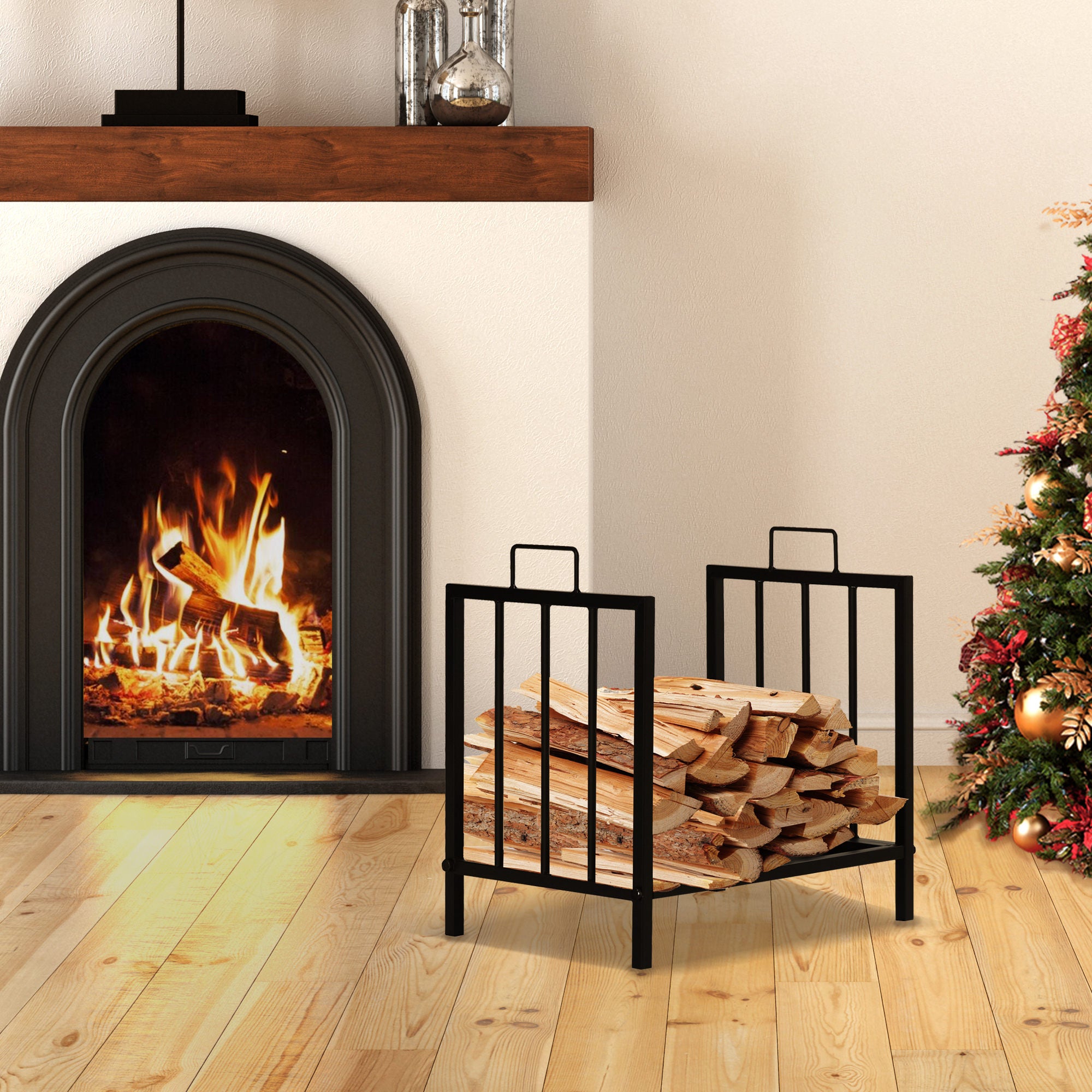 Outsunny Metal Firewood Log Holder Indoor Outdoor Firewood Rack Fireplace Wood Storage Shelf w/ Handles, Rust-Resistant, Black, 39L x 32.5W x 46Hcm - North Peak Garden Furniture