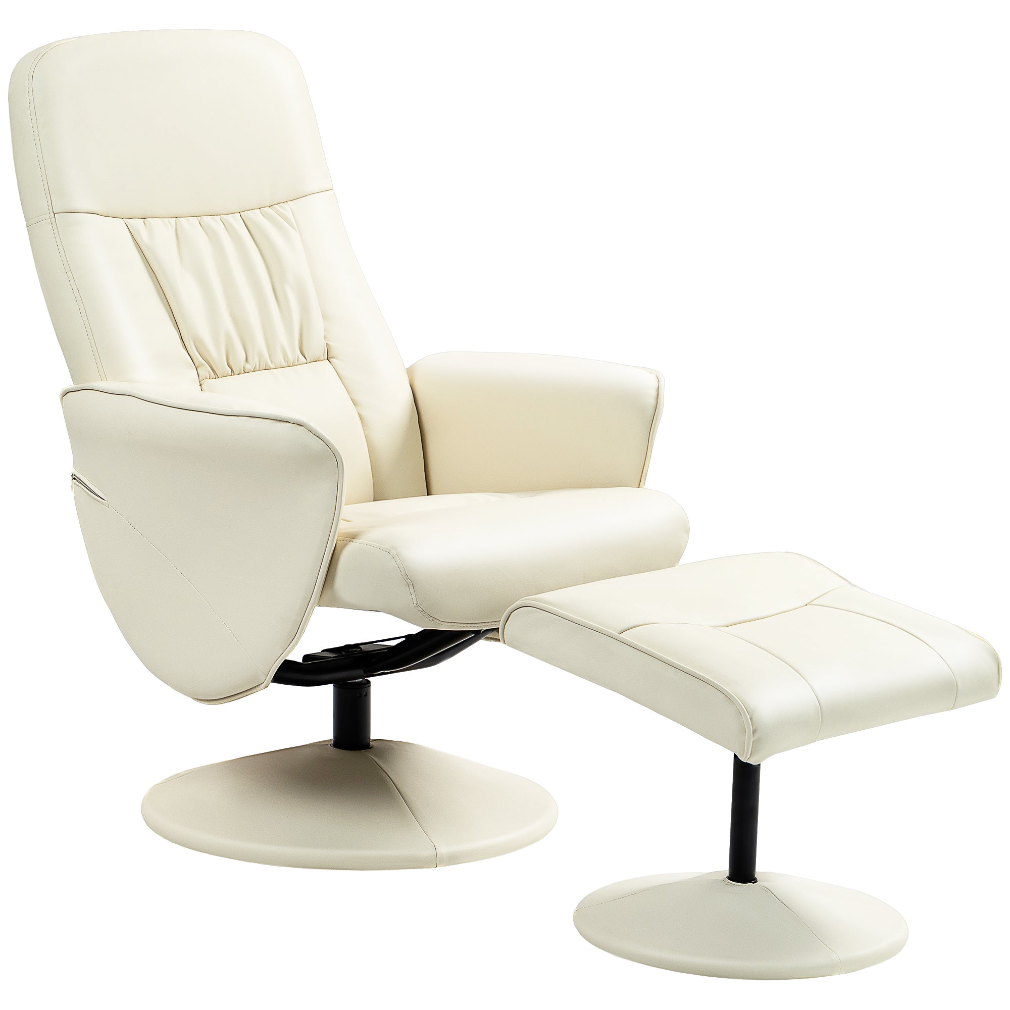 HOMCOM Swivel Recliner Chair with Footstool, PU Leather Armchair and Ottoman with High Back and Round Base for Living Room, Cream White - North Peak Garden Furniture