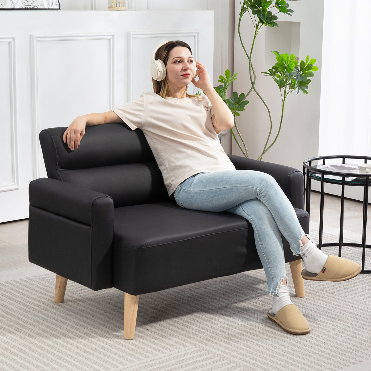 HOMCOM Small Faux Leather 2 Seater Sofa Settee - Black