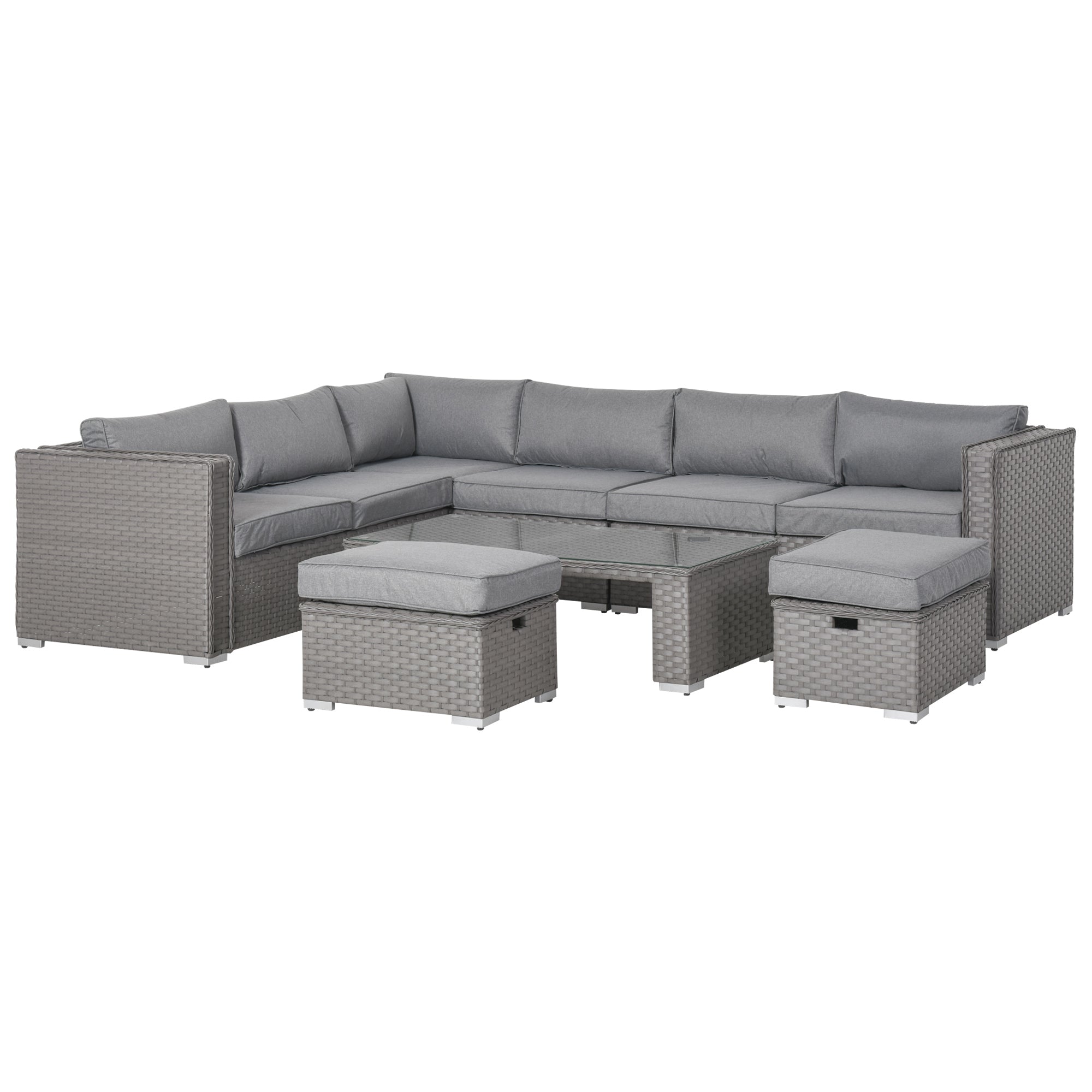 Outsunny 6 Pieces Outdoor PE Rattan Wicker Corner Sofa Set with 10cm Thick Padded Cushions, Aluminium Conservatory Furniture with Glass Top Coffee Table, Footstools, Grey - North Peak Garden Furniture
